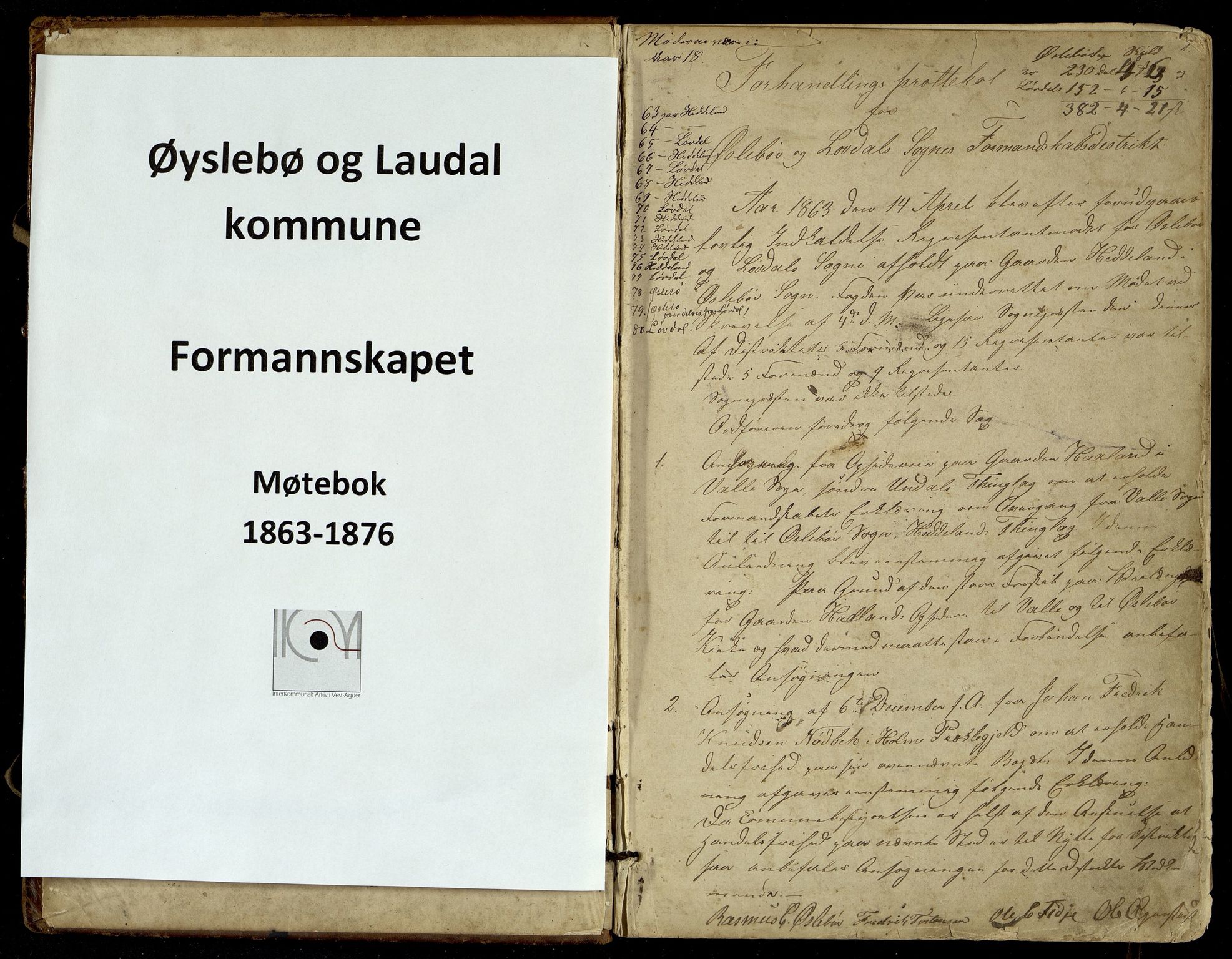 Øyslebø og Laudal kommune - Formannskapet, ARKSOR/1021ØL120/A/L0002: Møtebok Formannskapet (d), 1863-1876