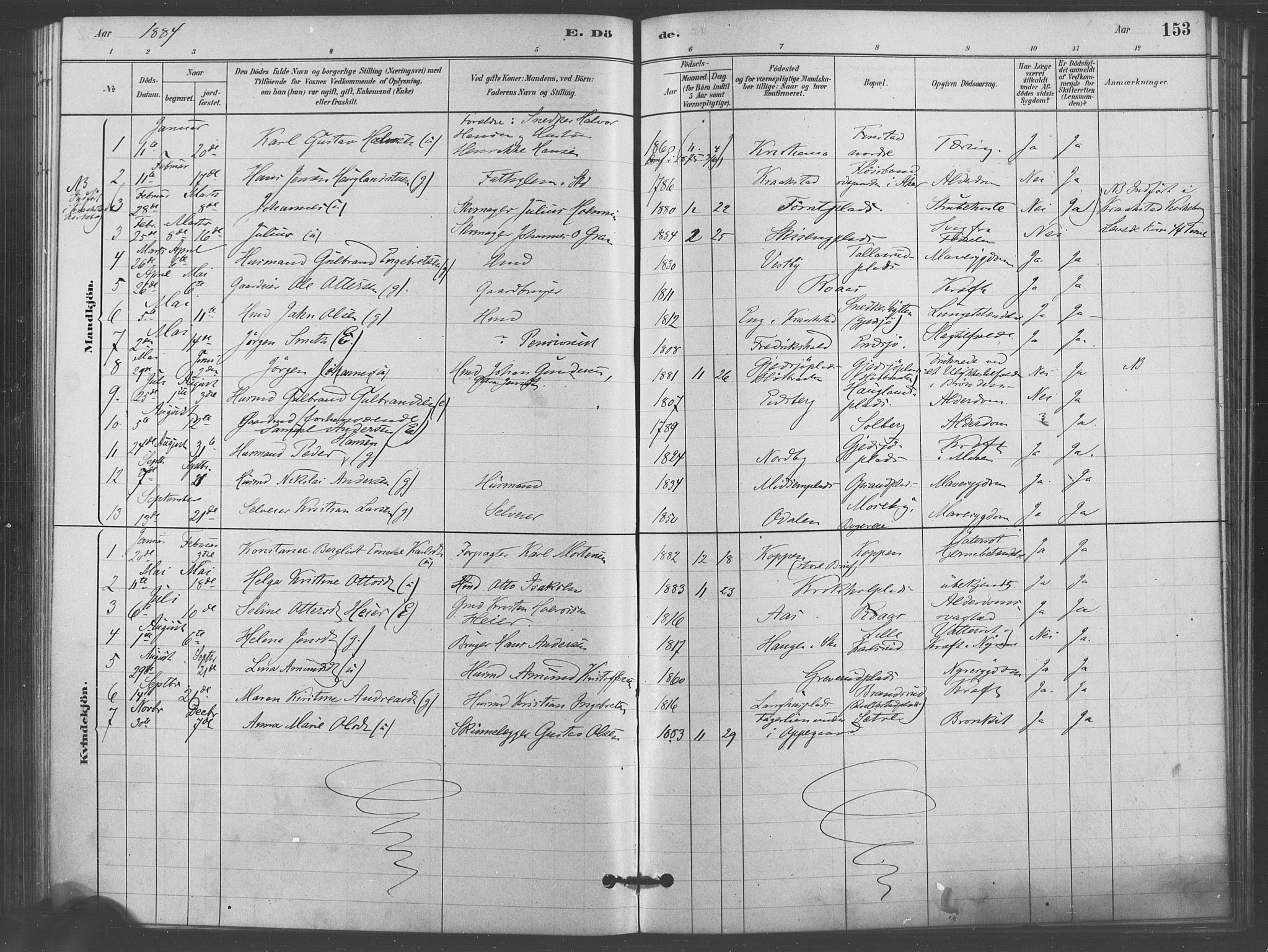 Kråkstad prestekontor Kirkebøker, SAO/A-10125a/F/Fb/L0001: Parish register (official) no. II 1, 1880-1892, p. 153