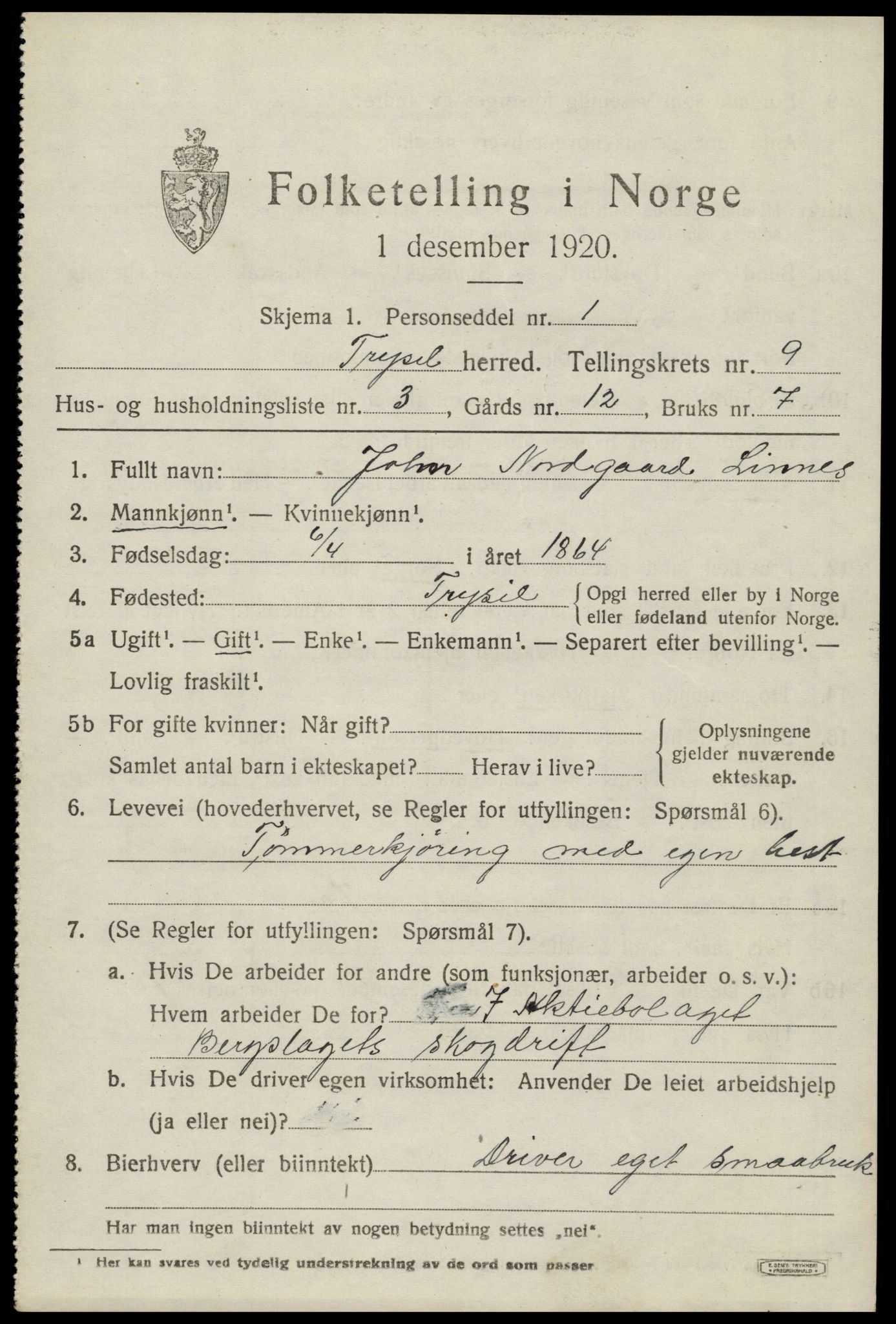 SAH, 1920 census for Trysil, 1920, p. 6583