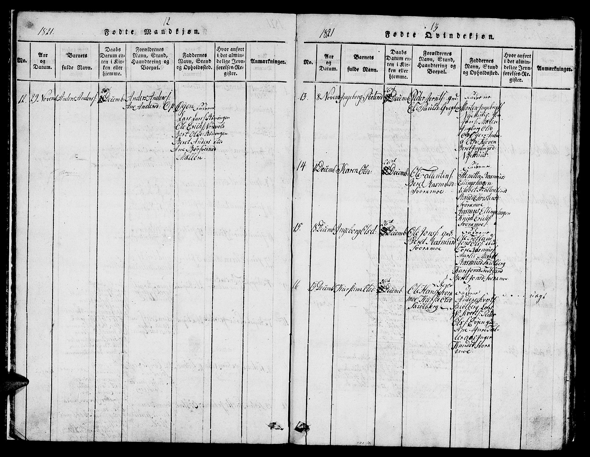 Ministerialprotokoller, klokkerbøker og fødselsregistre - Sør-Trøndelag, SAT/A-1456/671/L0842: Parish register (copy) no. 671C01, 1816-1867, p. 12-13