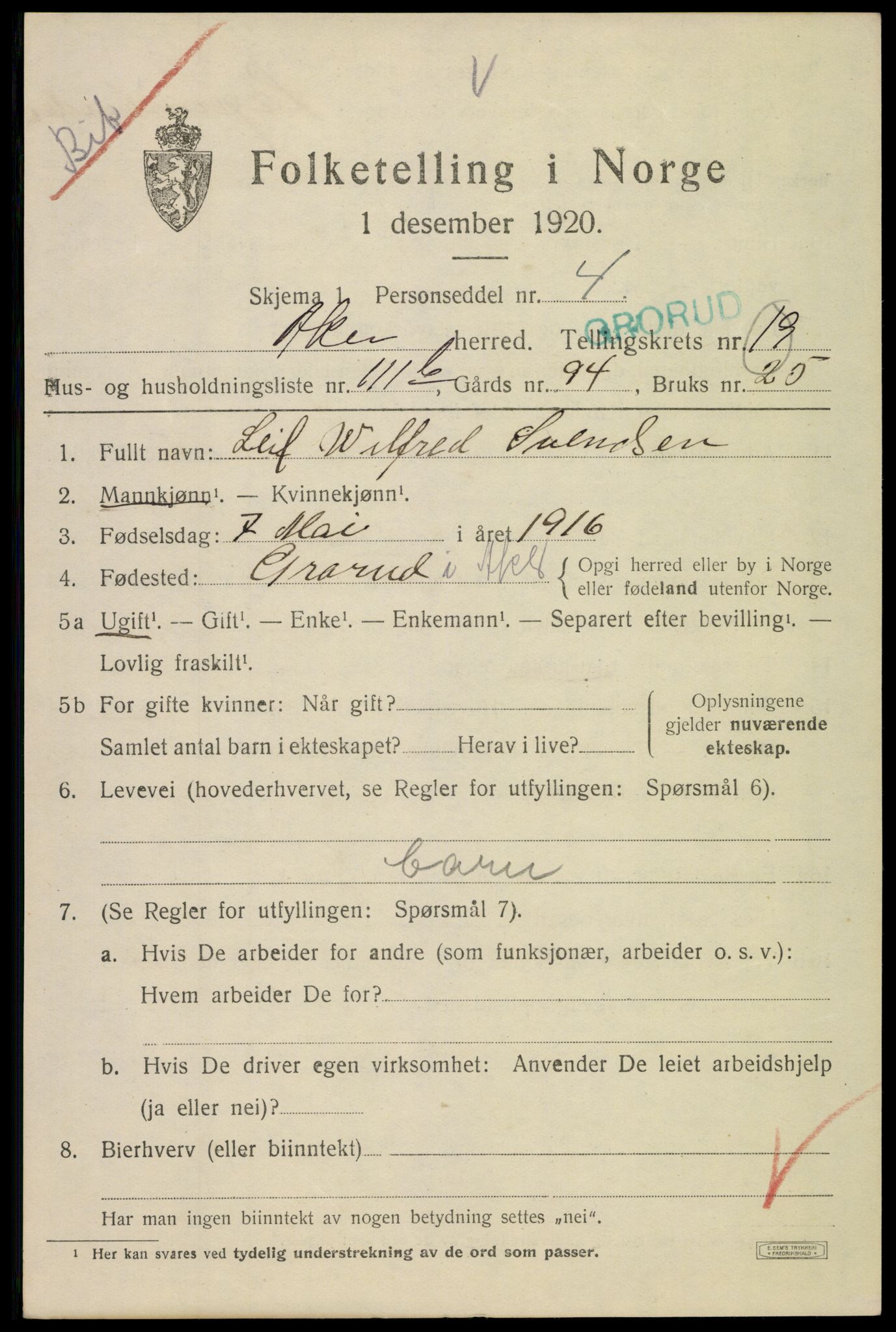 SAO, 1920 census for Aker, 1920, p. 119336