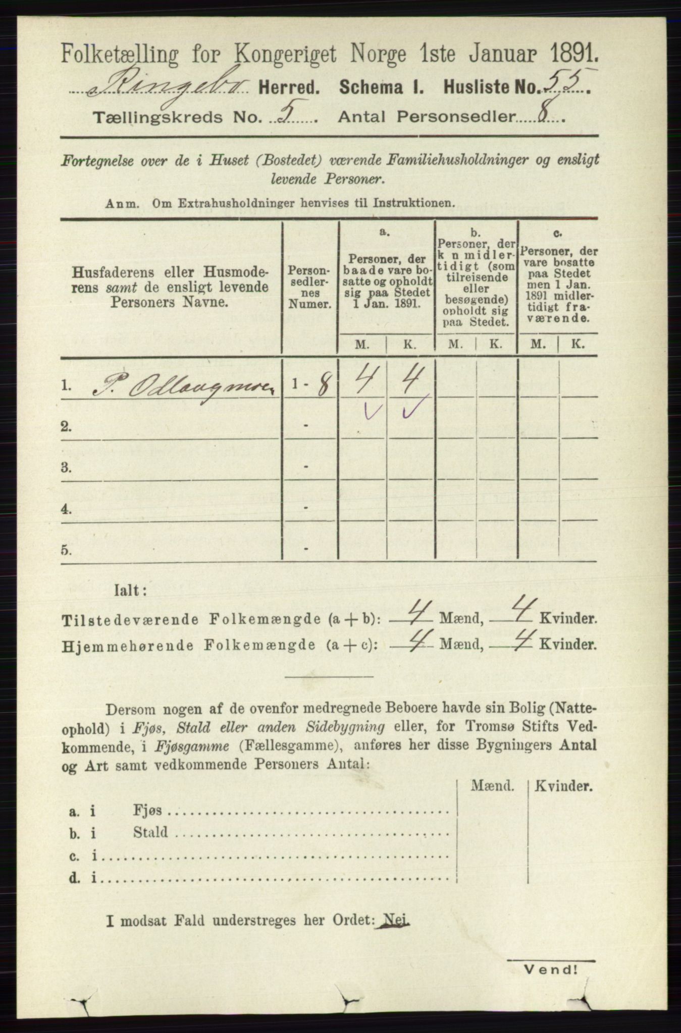 RA, 1891 census for 0520 Ringebu, 1891, p. 1954