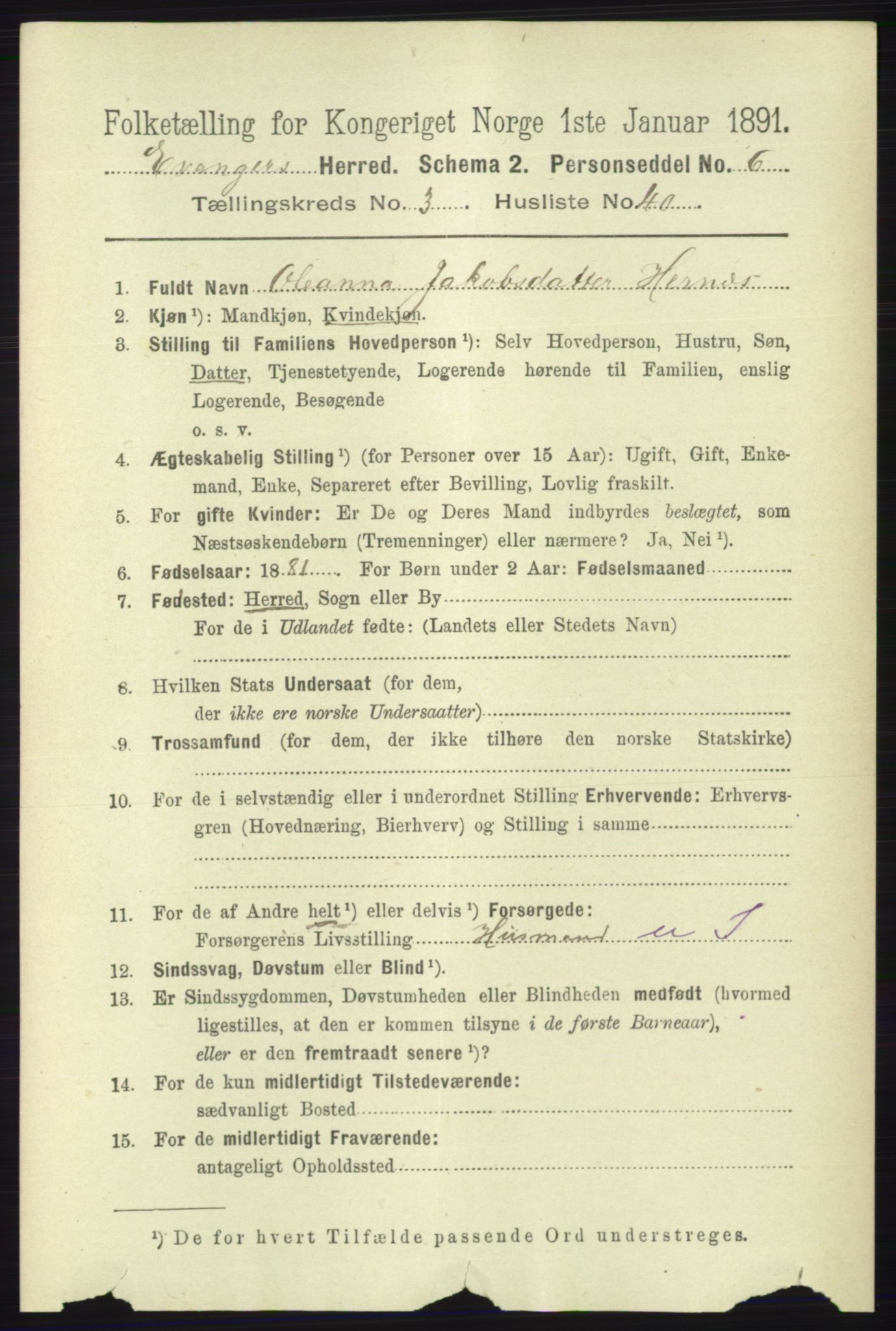 RA, 1891 census for 1237 Evanger, 1891, p. 1098