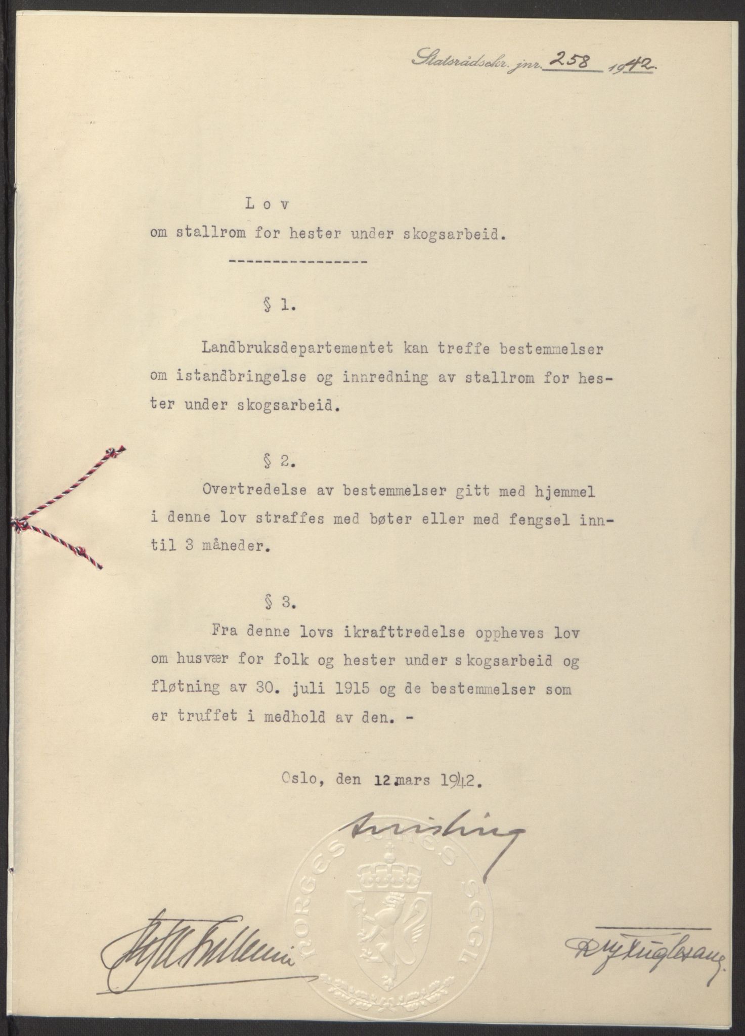 NS-administrasjonen 1940-1945 (Statsrådsekretariatet, de kommisariske statsråder mm), RA/S-4279/D/Db/L0097: Lover I, 1942, p. 164