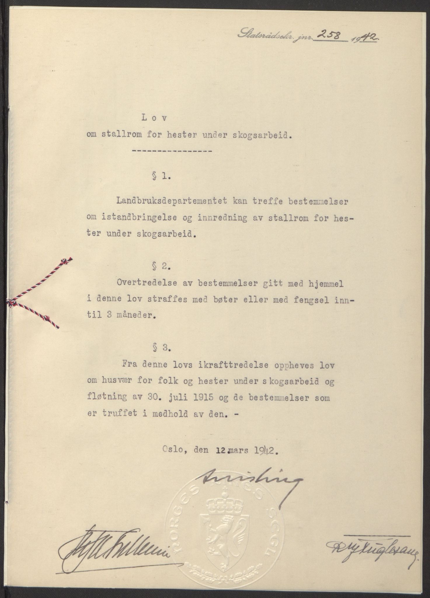 NS-administrasjonen 1940-1945 (Statsrådsekretariatet, de kommisariske statsråder mm), AV/RA-S-4279/D/Db/L0097: Lover I, 1942, p. 164