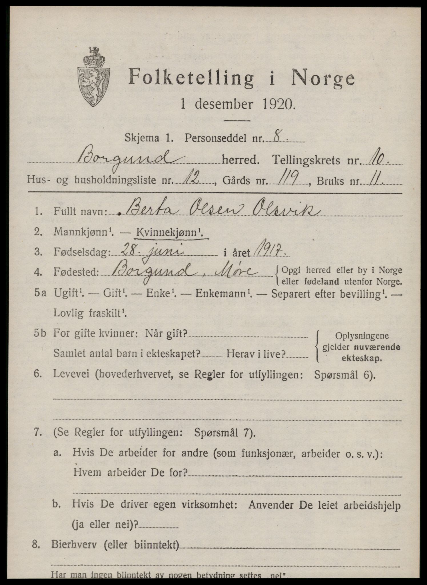 SAT, 1920 census for Borgund, 1920, p. 9328