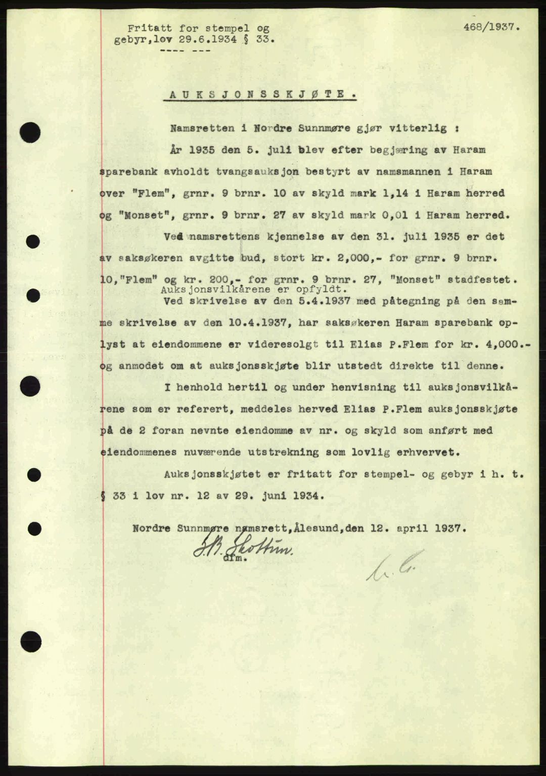 Nordre Sunnmøre sorenskriveri, AV/SAT-A-0006/1/2/2C/2Ca: Mortgage book no. A2, 1936-1937, Diary no: : 468/1937