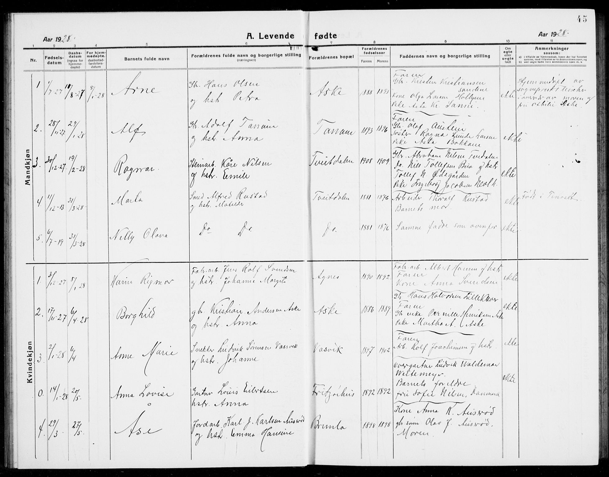 Brunlanes kirkebøker, SAKO/A-342/G/Ga/L0005: Parish register (copy) no. I 5, 1918-1941, p. 45