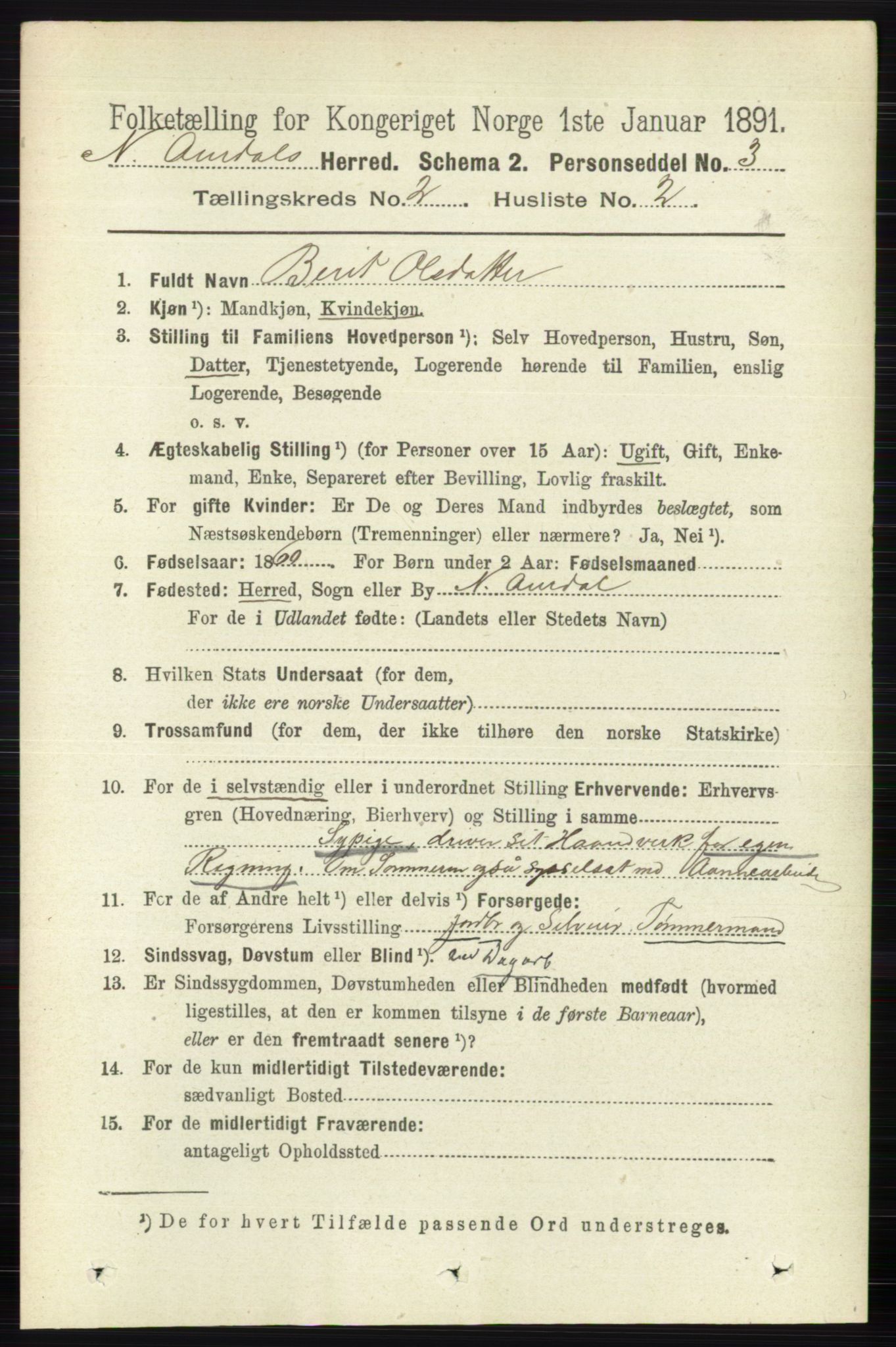 RA, 1891 census for 0542 Nord-Aurdal, 1891, p. 602