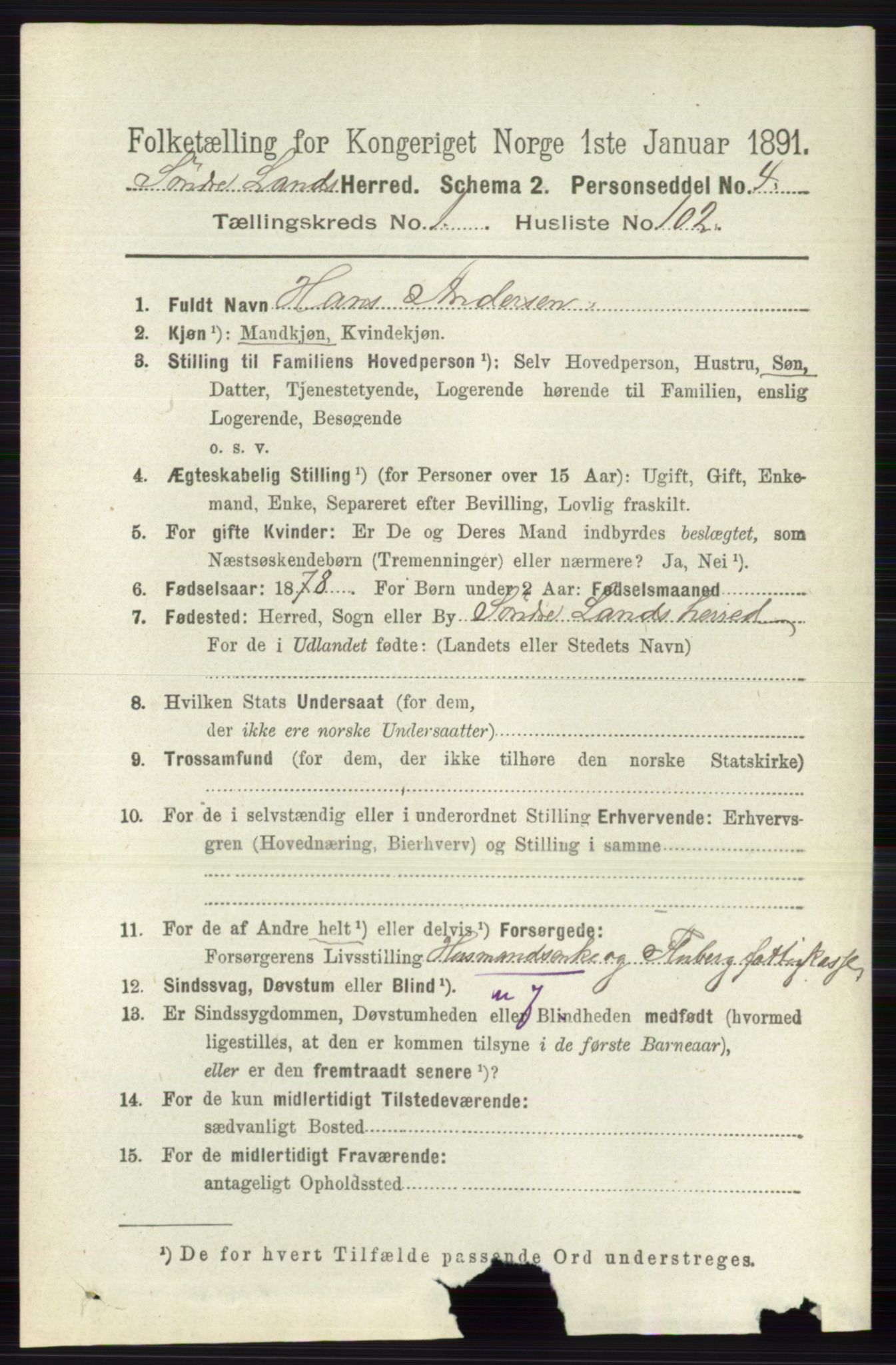 RA, 1891 census for 0536 Søndre Land, 1891, p. 830