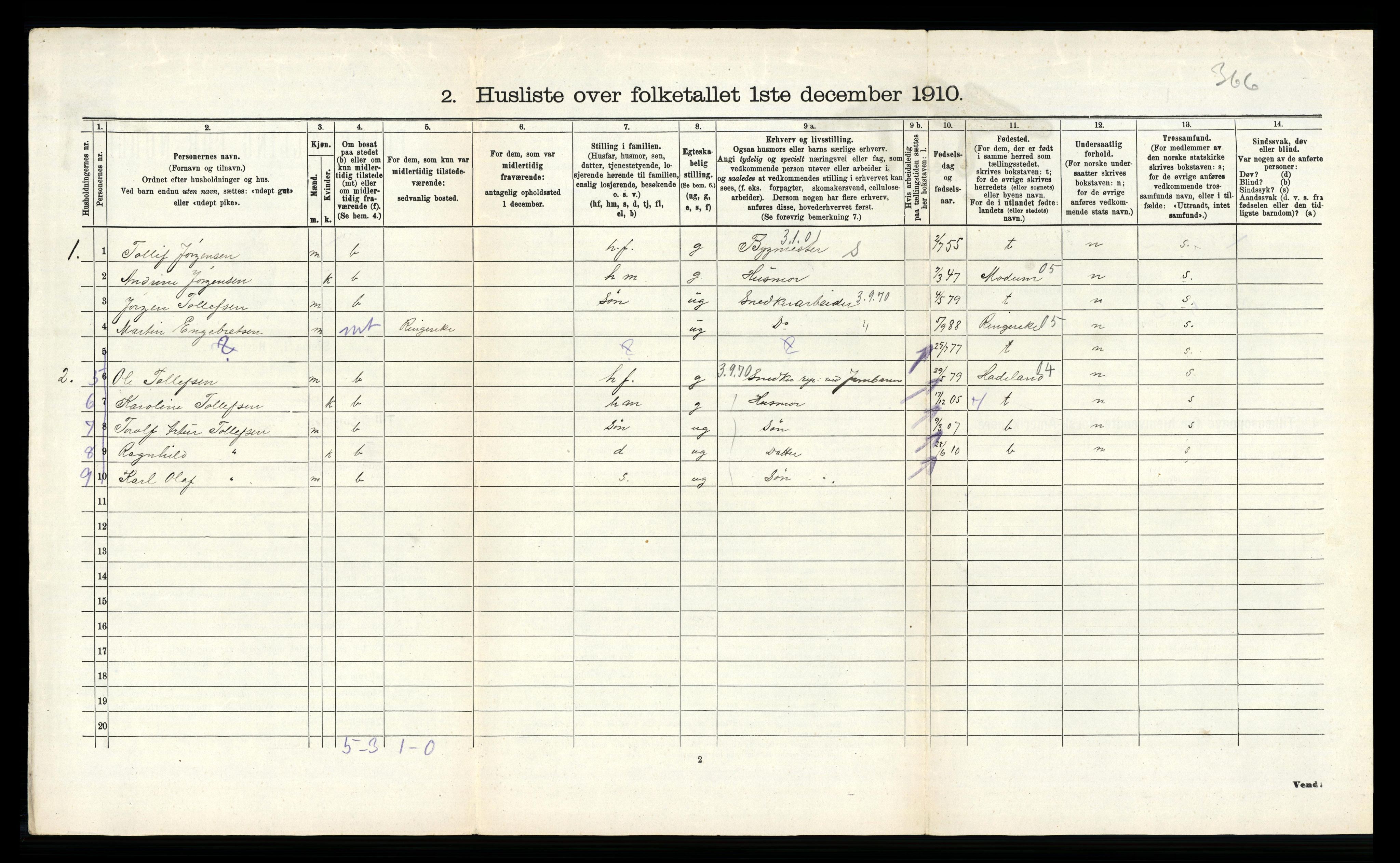 RA, 1910 census for Lier, 1910, p. 2353