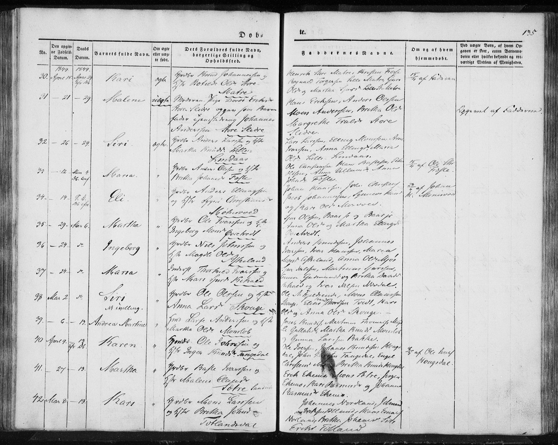 Lindås Sokneprestembete, AV/SAB-A-76701/H/Haa/Haaa/L0010: Parish register (official) no. A 10, 1842-1862, p. 135