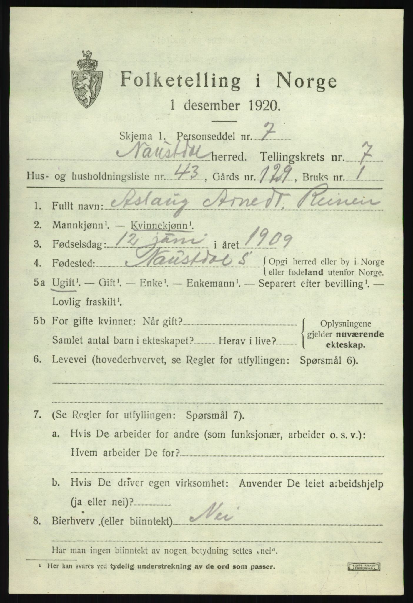 SAB, 1920 census for Naustdal, 1920, p. 4675