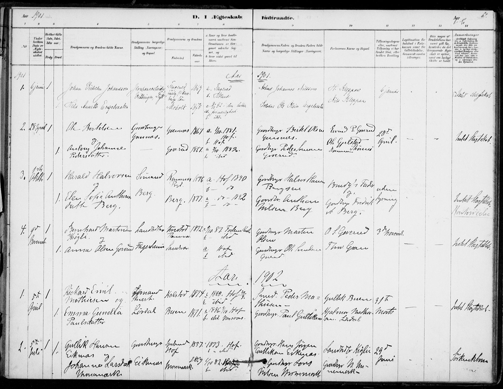 Hof kirkebøker, AV/SAKO-A-64/F/Fb/L0001: Parish register (official) no. II 1, 1878-1907, p. 67