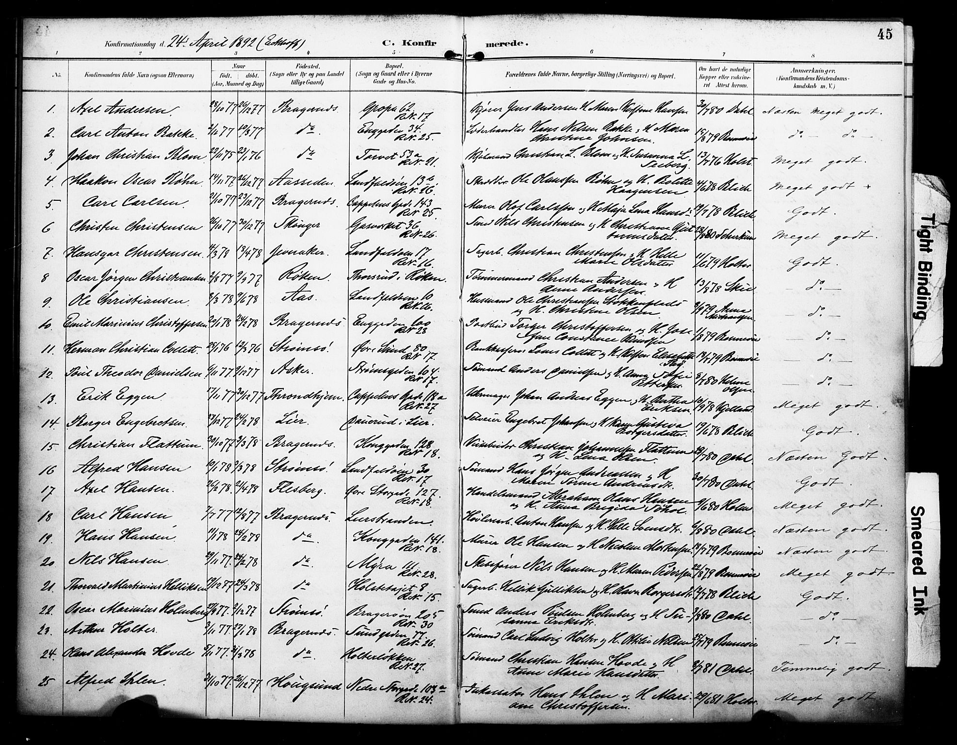 Bragernes kirkebøker, AV/SAKO-A-6/F/Fc/L0006: Parish register (official) no. III 6, 1888-1899, p. 45