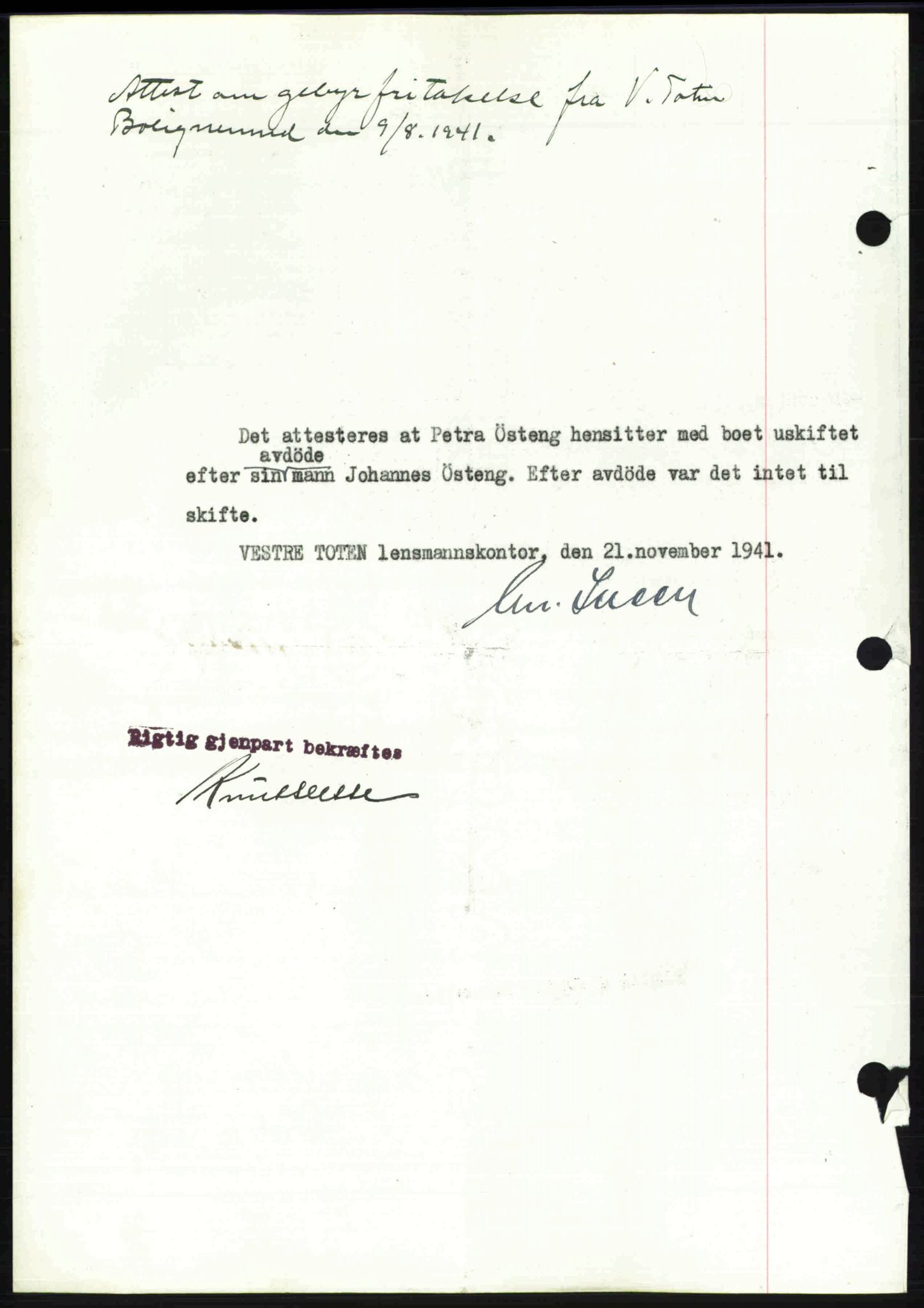 Toten tingrett, SAH/TING-006/H/Hb/Hbc/L0008: Mortgage book no. Hbc-08, 1941-1941, Diary no: : 2296/1941