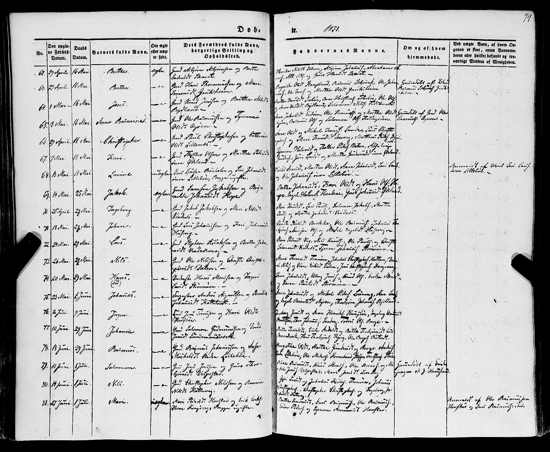 Stord sokneprestembete, SAB/A-78201/H/Haa: Parish register (official) no. A 7, 1841-1861, p. 74