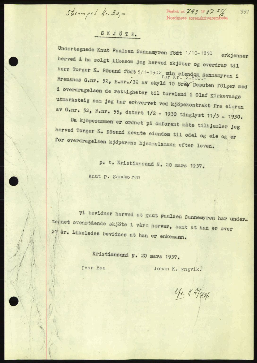 Nordmøre sorenskriveri, AV/SAT-A-4132/1/2/2Ca: Mortgage book no. A81, 1937-1937, Diary no: : 793/1937