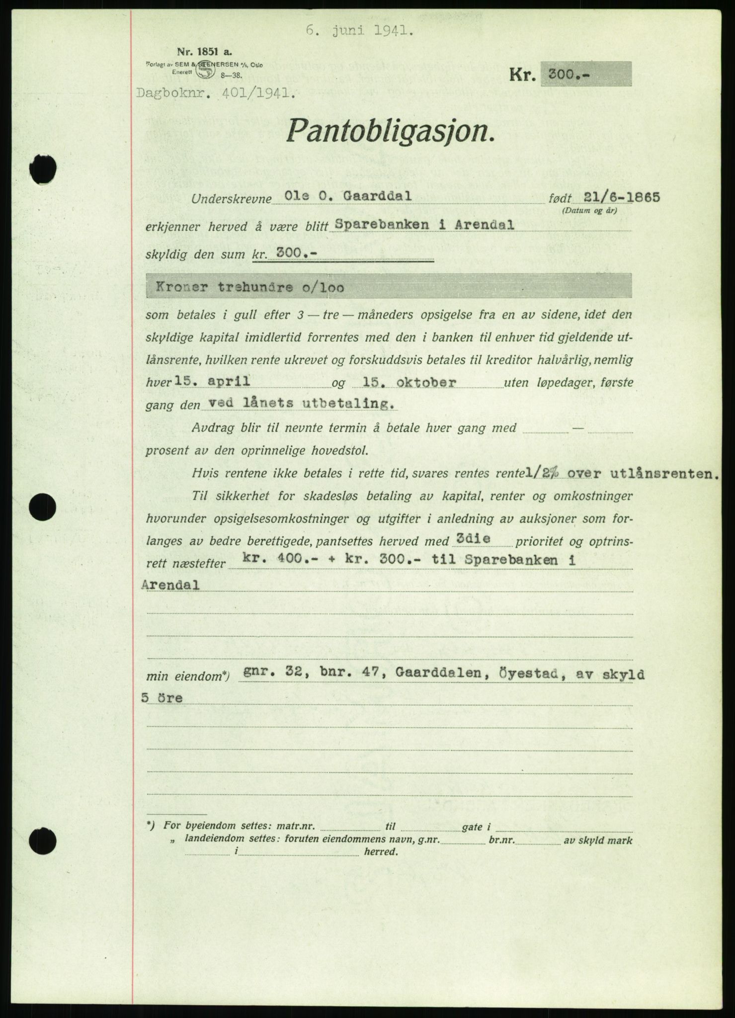 Nedenes sorenskriveri, AV/SAK-1221-0006/G/Gb/Gbb/L0001: Mortgage book no. I, 1939-1942, Diary no: : 401/1941