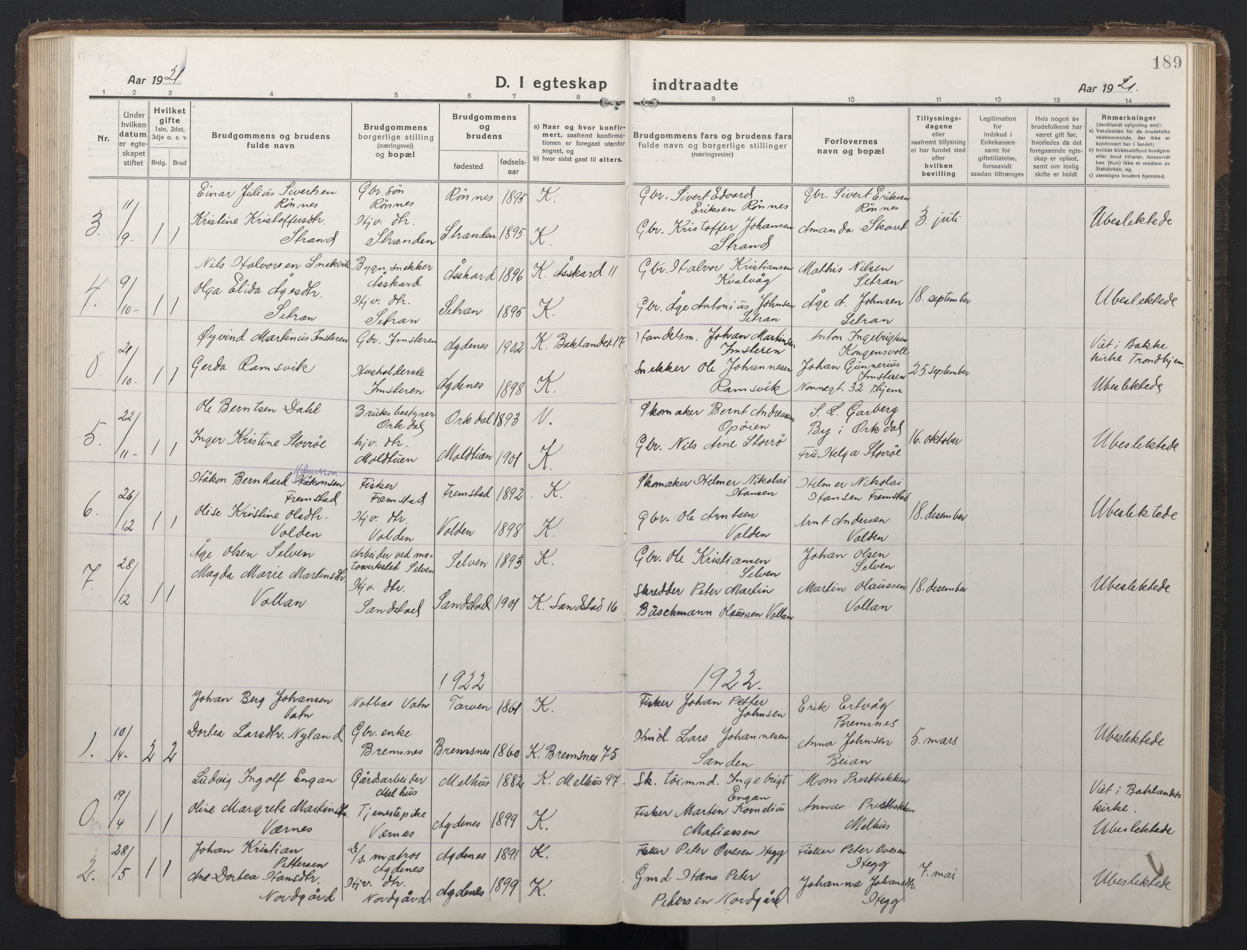 Ministerialprotokoller, klokkerbøker og fødselsregistre - Sør-Trøndelag, SAT/A-1456/662/L0758: Parish register (copy) no. 662C03, 1918-1948, p. 189