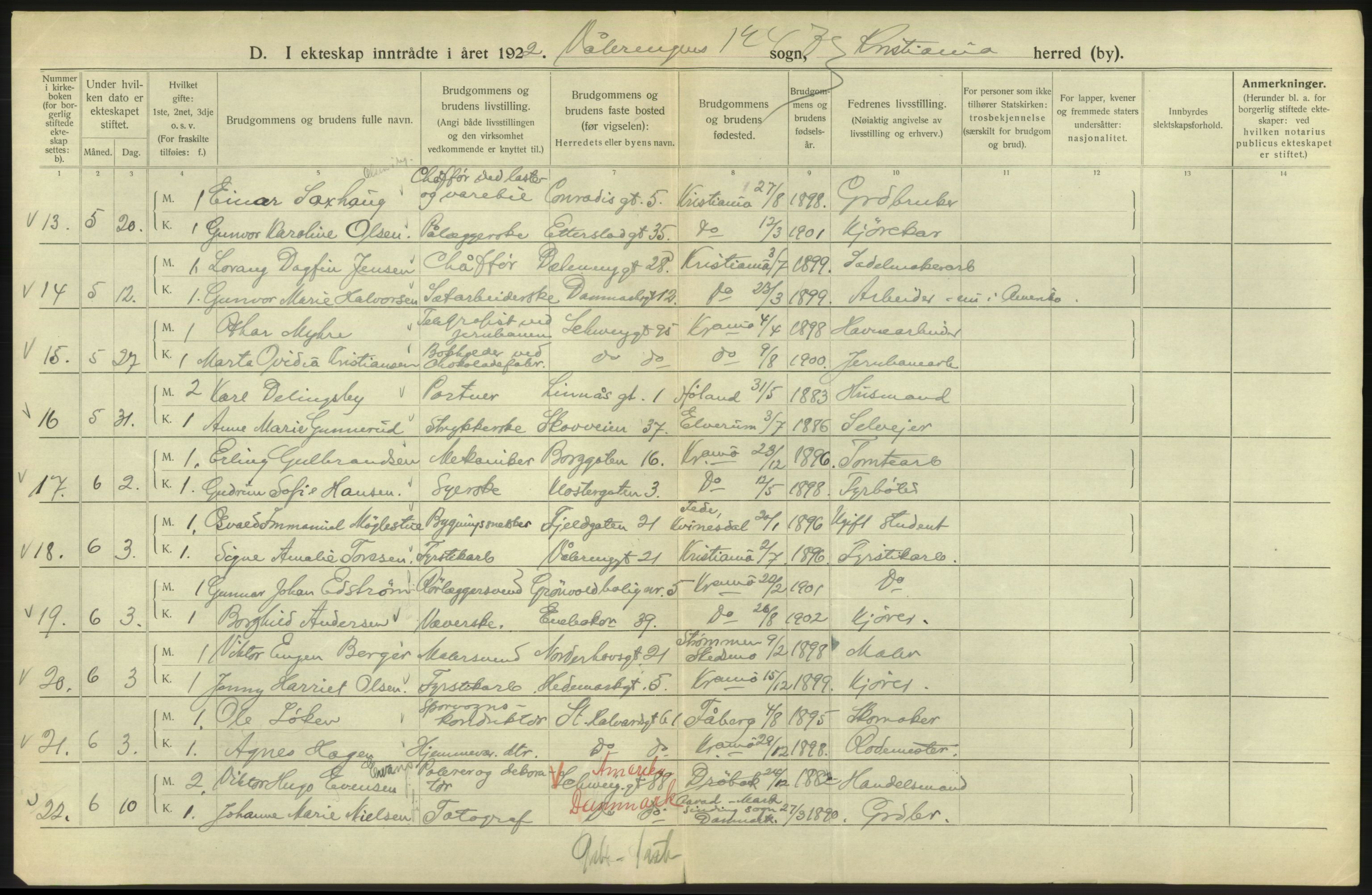 Statistisk sentralbyrå, Sosiodemografiske emner, Befolkning, AV/RA-S-2228/D/Df/Dfc/Dfcb/L0008: Kristiania: Gifte, 1922, p. 232