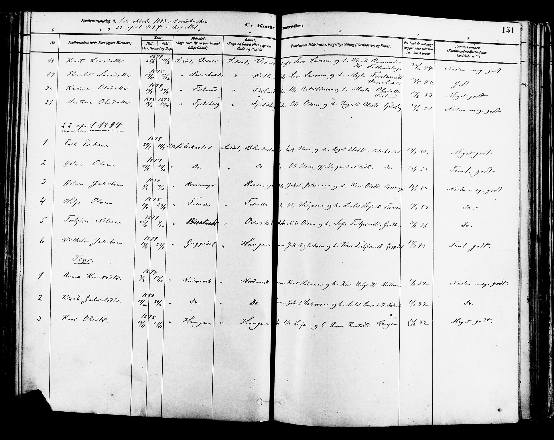 Suldal sokneprestkontor, AV/SAST-A-101845/01/IV/L0011: Parish register (official) no. A 11, 1878-1900, p. 151