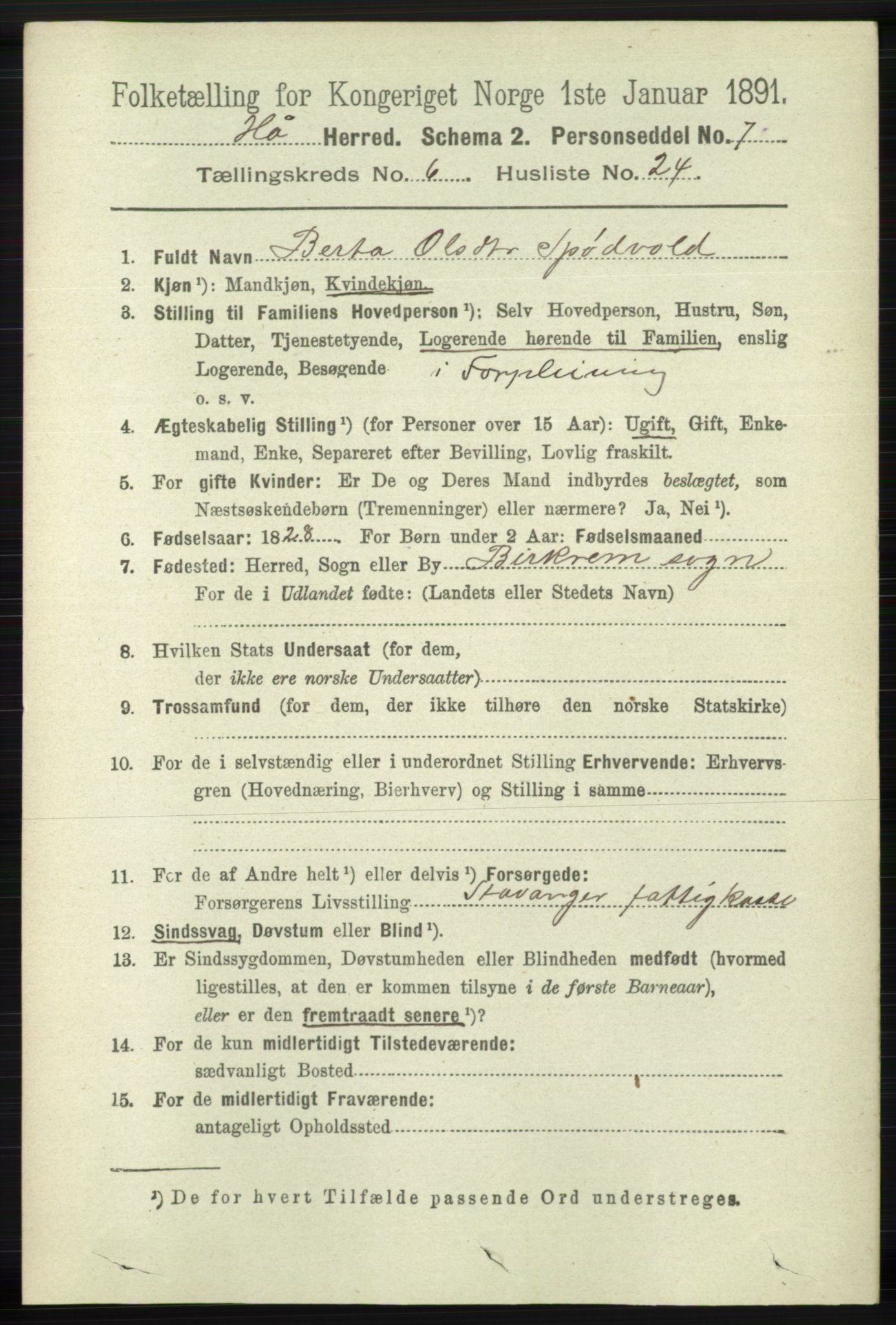 RA, 1891 census for 1119 Hå, 1891, p. 1883