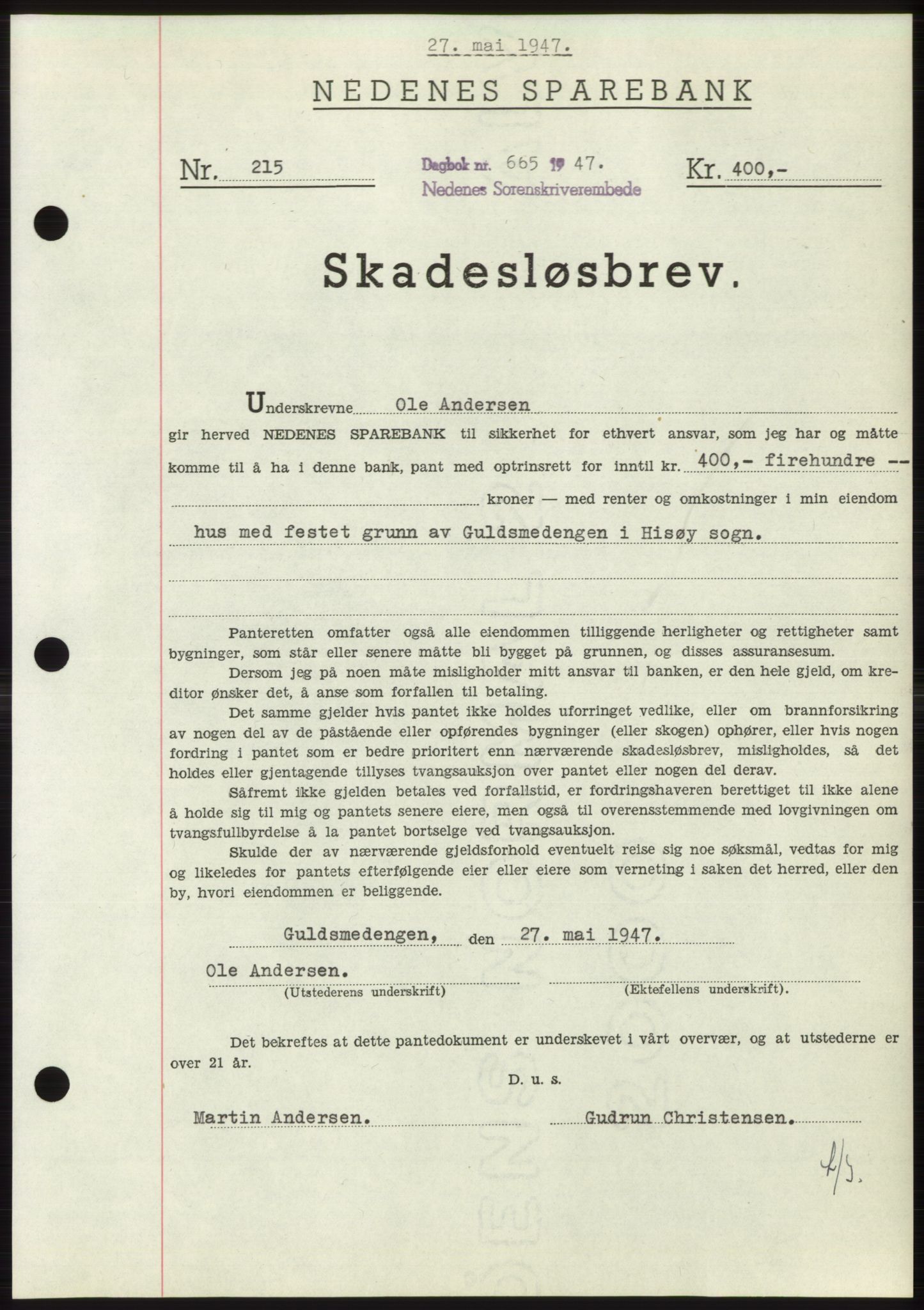 Nedenes sorenskriveri, AV/SAK-1221-0006/G/Gb/Gbb/L0004: Mortgage book no. B4, 1947-1947, Diary no: : 665/1947