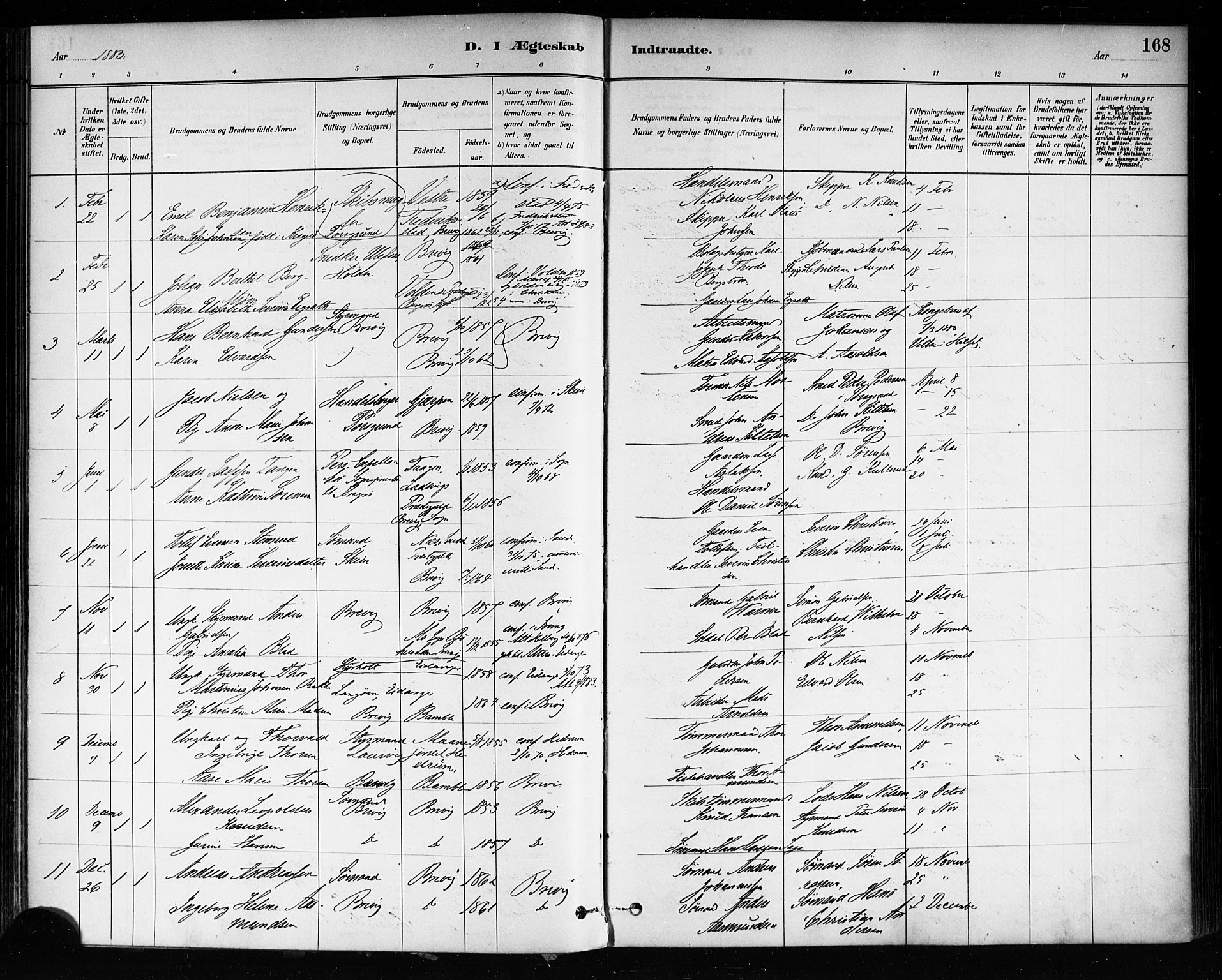 Brevik kirkebøker, SAKO/A-255/F/Fa/L0007: Parish register (official) no. 7, 1882-1900, p. 168