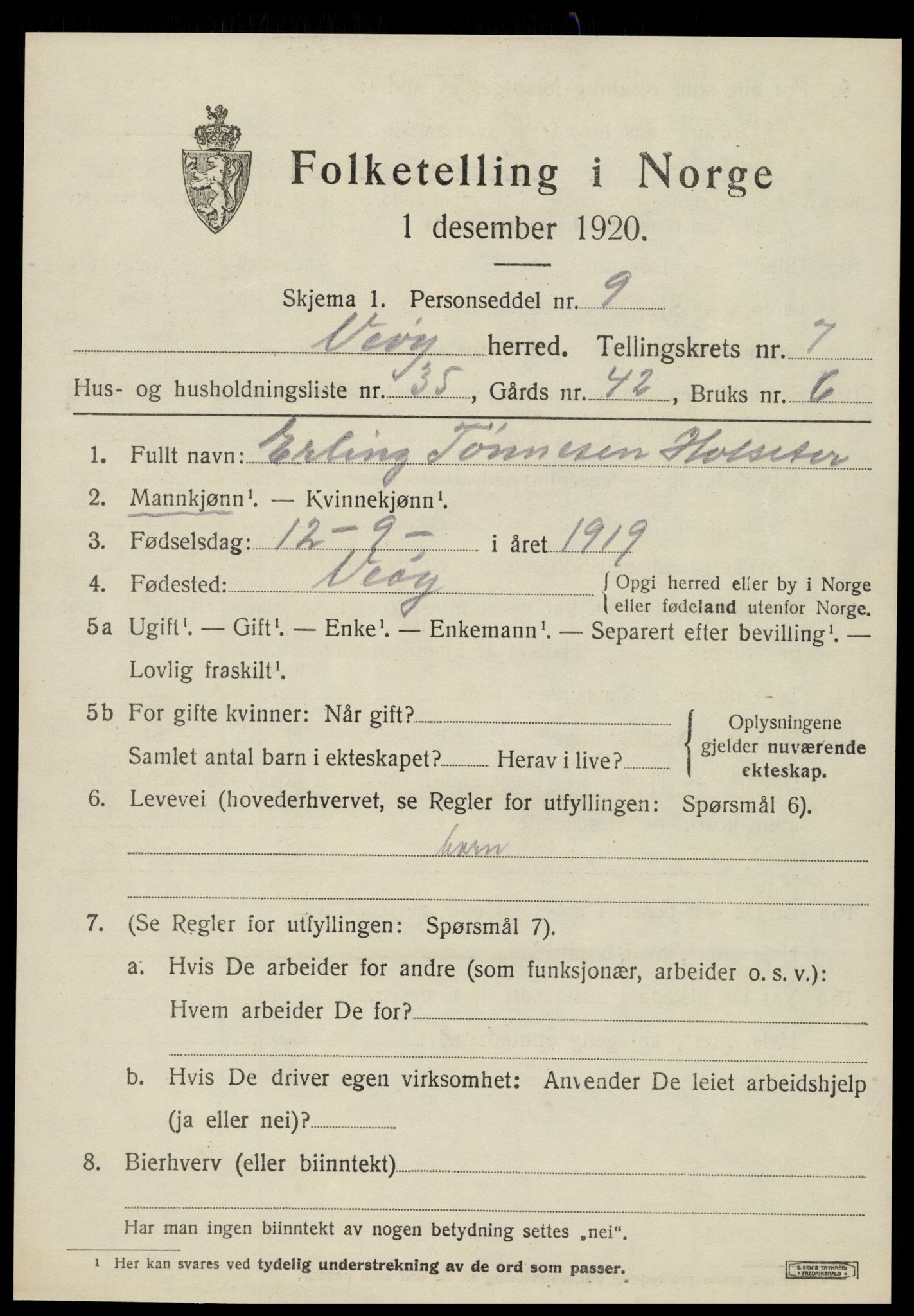 SAT, 1920 census for Veøy, 1920, p. 3533