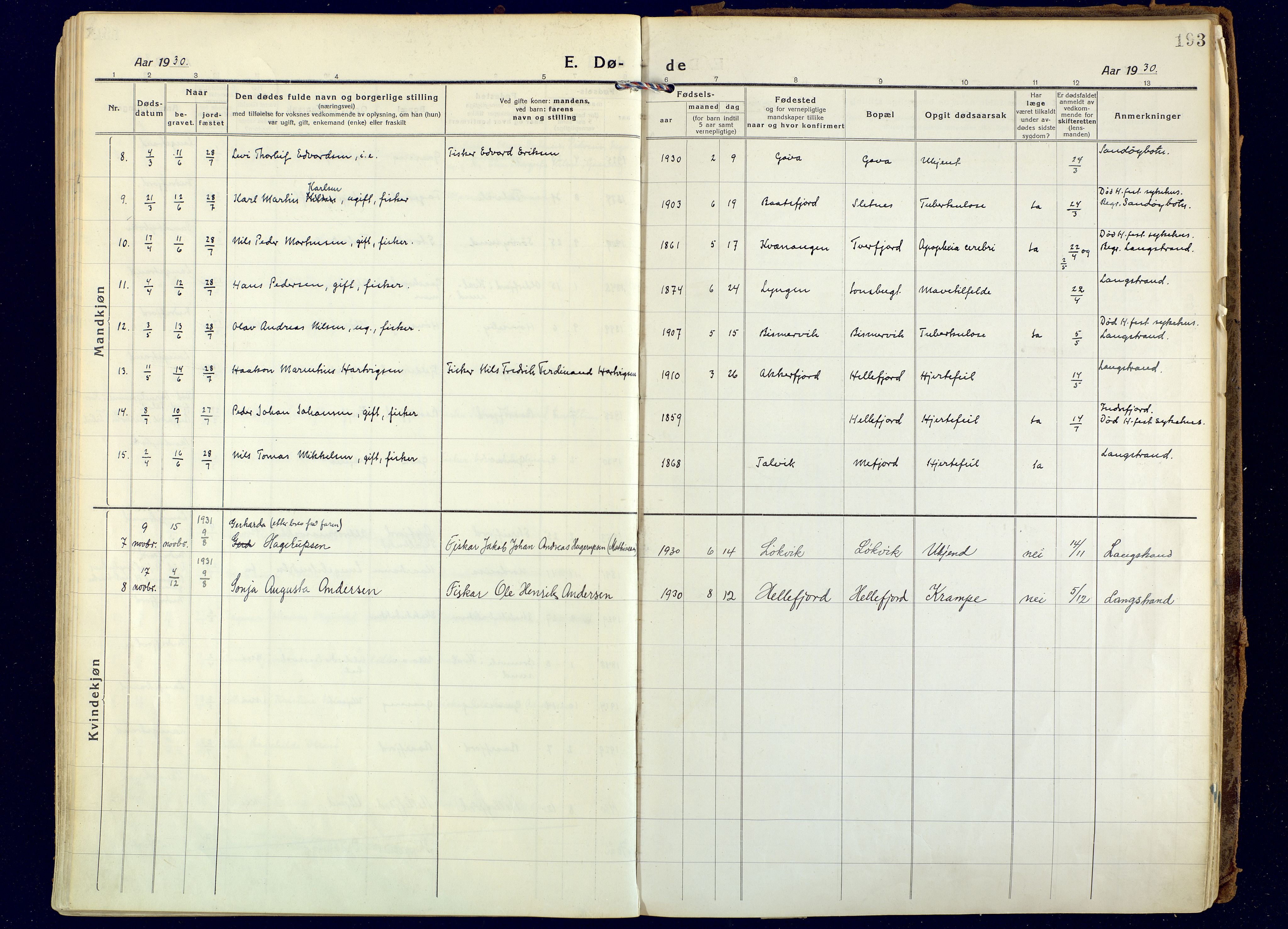 Hammerfest sokneprestkontor, AV/SATØ-S-1347/H/Ha/L0018.kirke: Parish register (official) no. 18, 1918-1933, p. 193