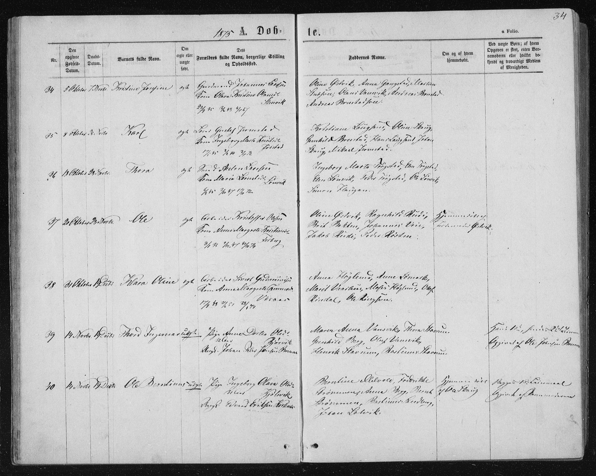 Ministerialprotokoller, klokkerbøker og fødselsregistre - Nord-Trøndelag, AV/SAT-A-1458/722/L0219: Parish register (official) no. 722A06, 1868-1880, p. 34