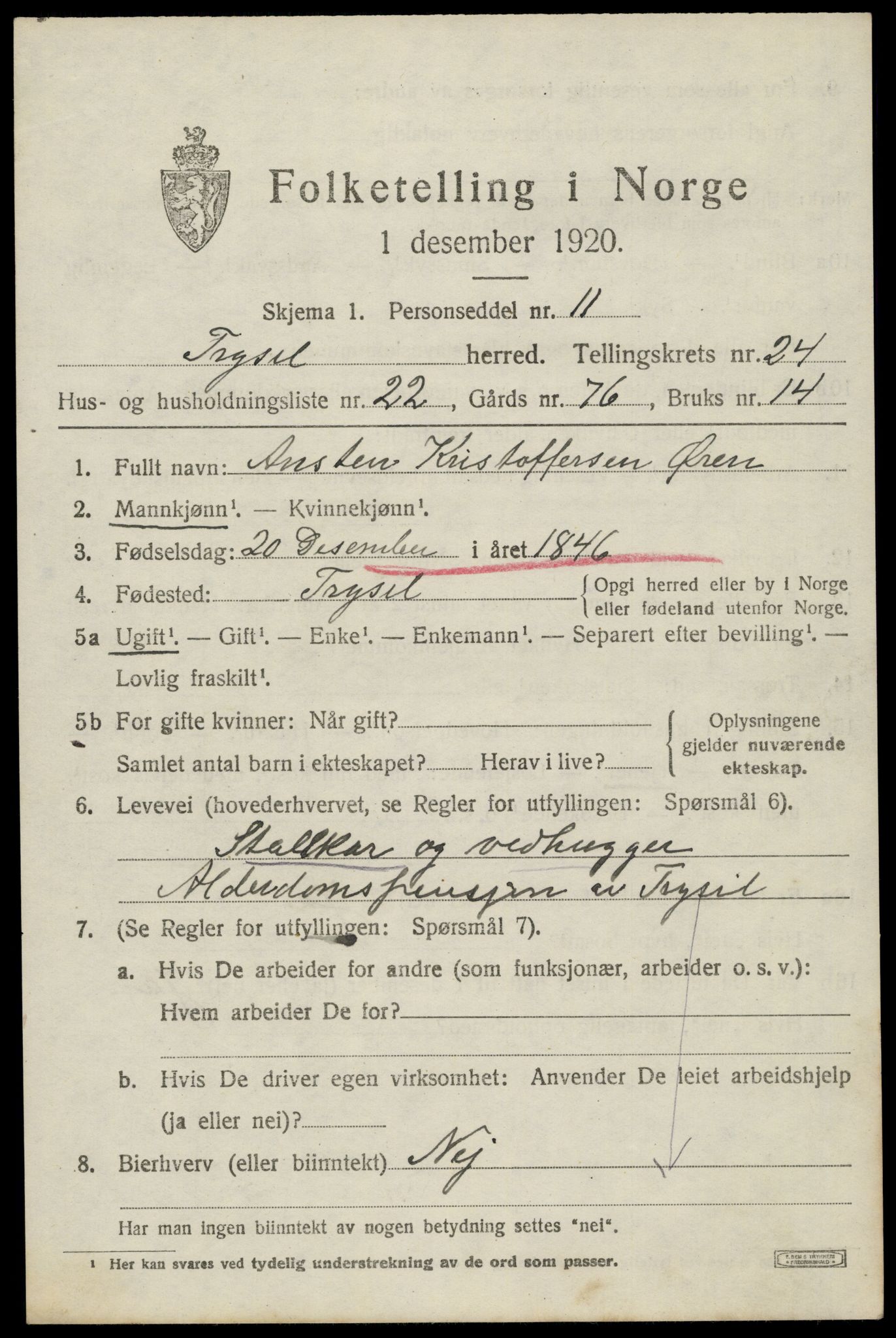 SAH, 1920 census for Trysil, 1920, p. 15487