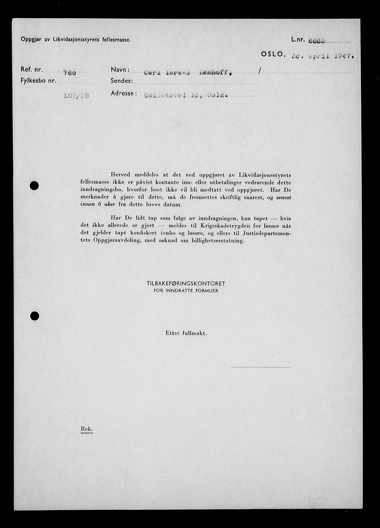 Justisdepartementet, Tilbakeføringskontoret for inndratte formuer, RA/S-1564/H/Hc/Hcc/L0956: --, 1945-1947, p. 280