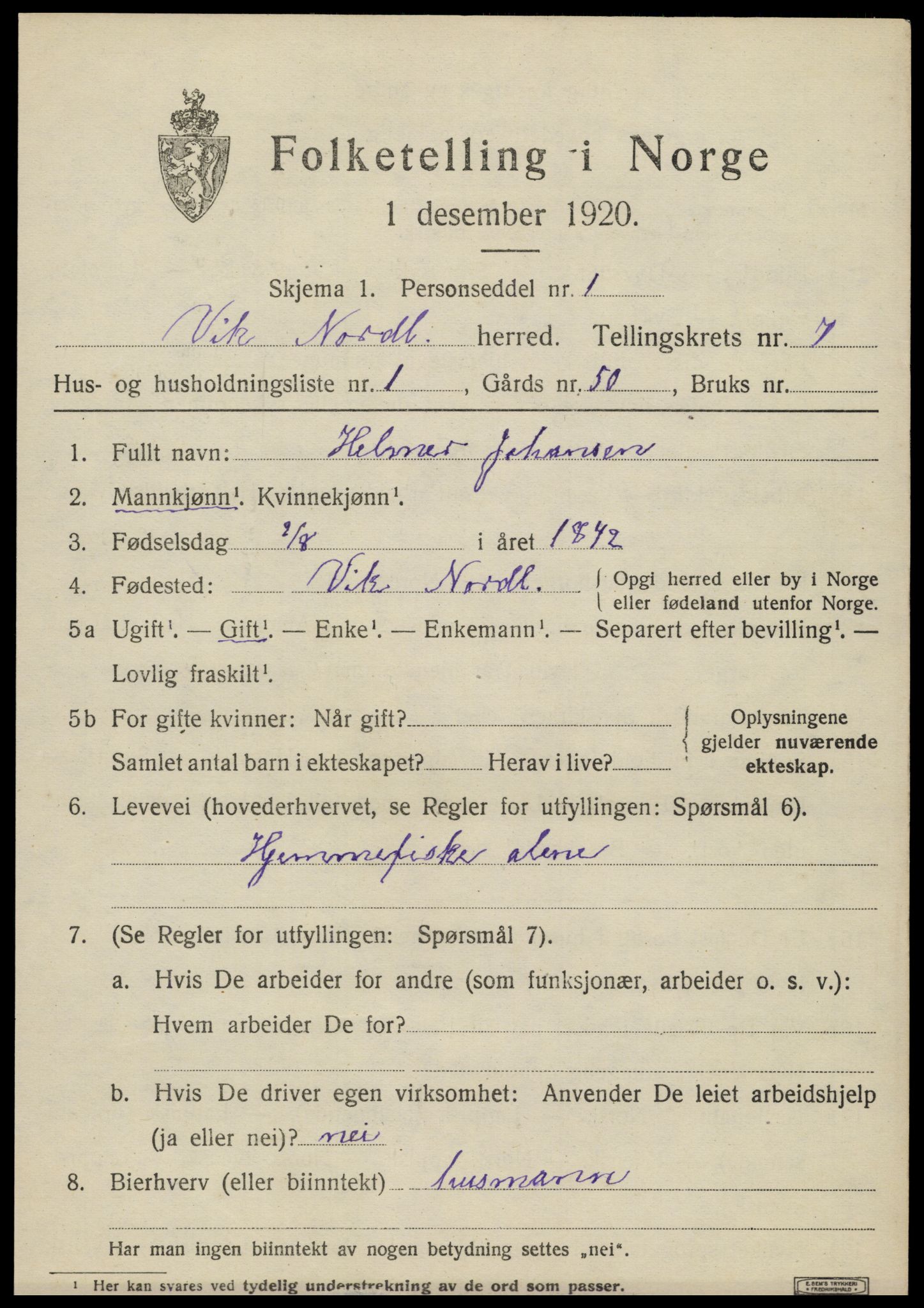 SAT, 1920 census for Vik, 1920, p. 4443