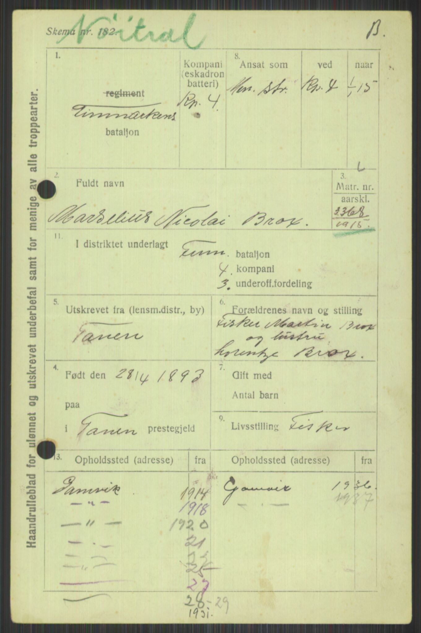 Forsvaret, Varanger bataljon, AV/RA-RAFA-2258/1/D/L0440: Rulleblad for fødte 1892-1912, 1892-1912, p. 11