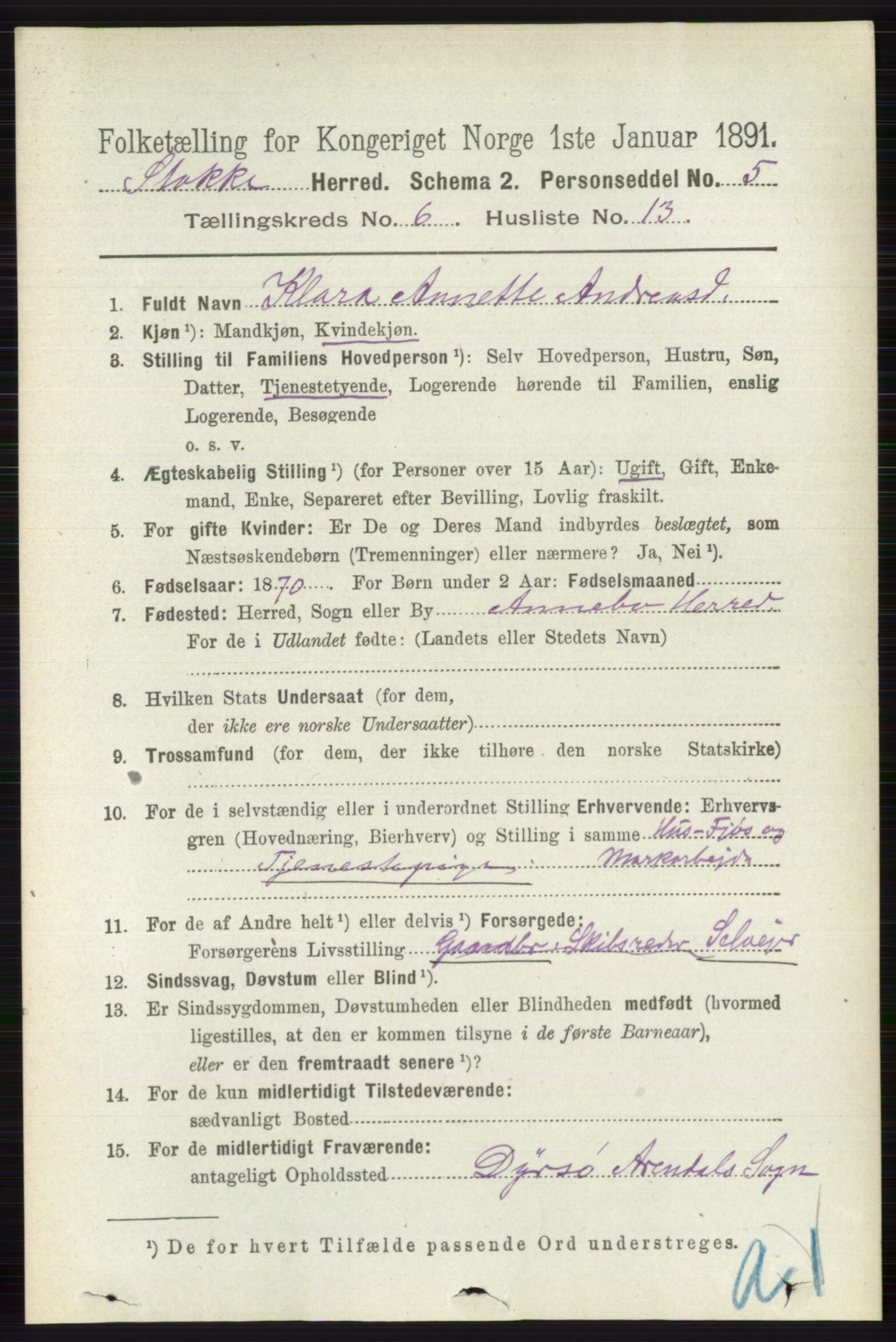 RA, 1891 census for 0720 Stokke, 1891, p. 3873