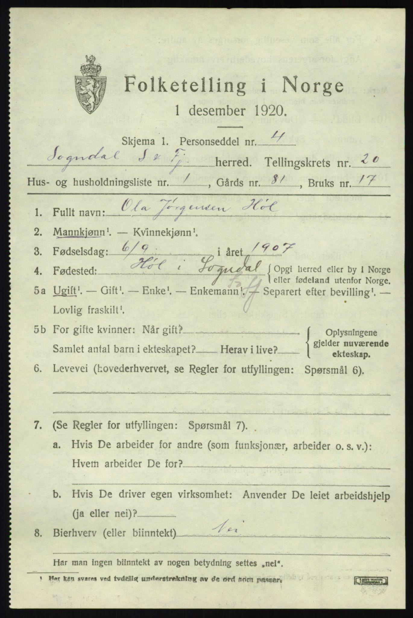 SAB, 1920 census for Sogndal, 1920, p. 7511