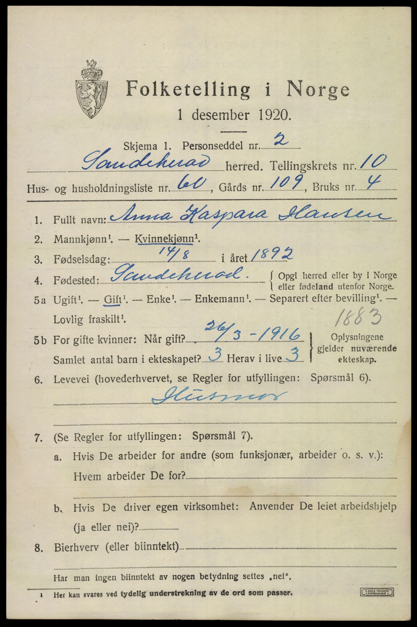 SAKO, 1920 census for Sandeherred, 1920, p. 15272