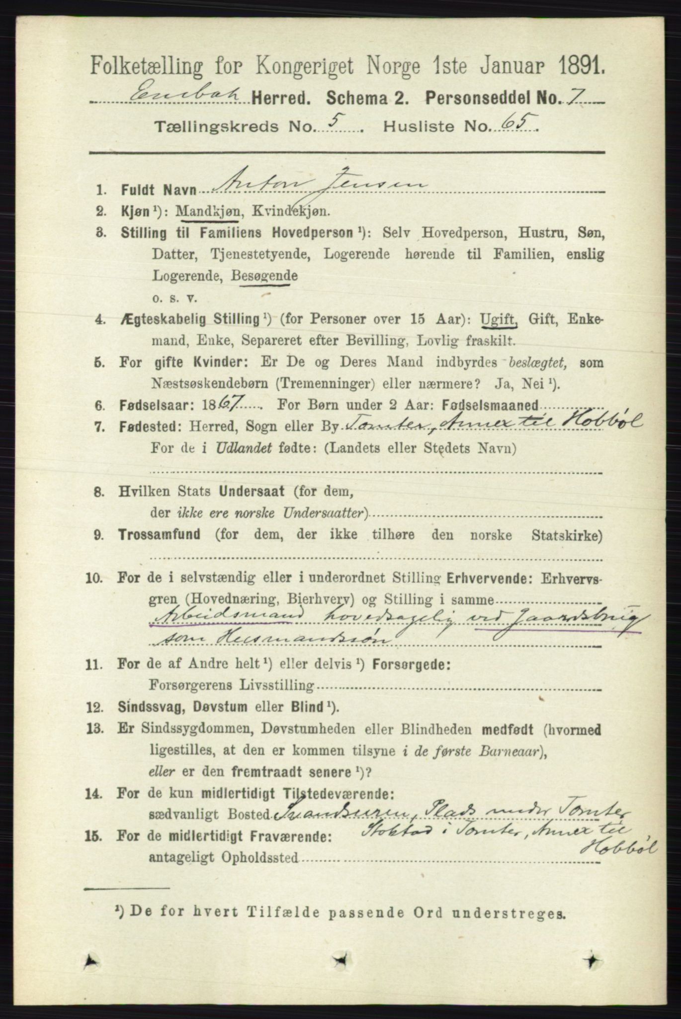 RA, 1891 census for 0229 Enebakk, 1891, p. 2388