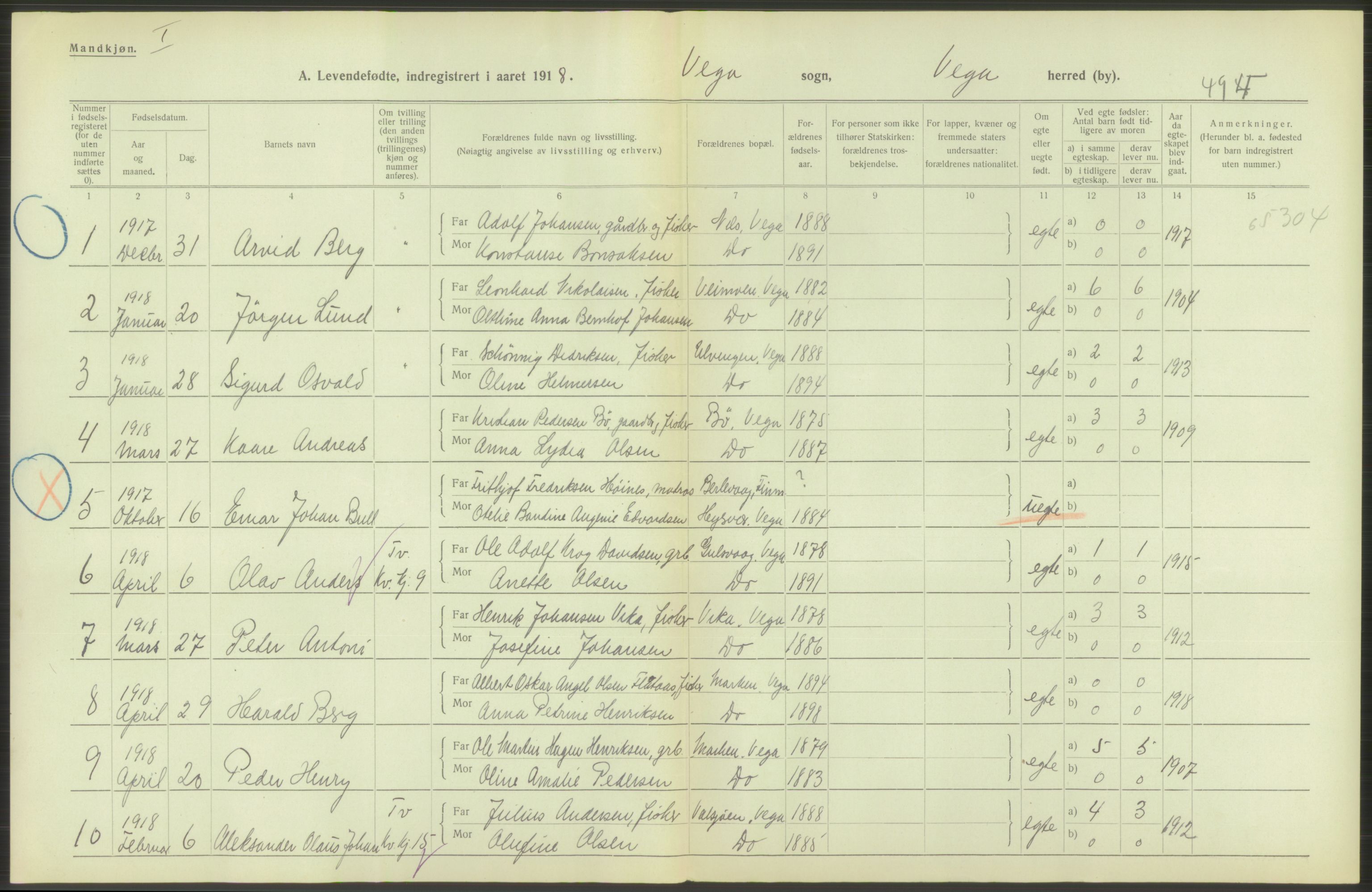 Statistisk sentralbyrå, Sosiodemografiske emner, Befolkning, AV/RA-S-2228/D/Df/Dfb/Dfbh/L0052: Nordland fylke: Levendefødte menn og kvinner. Bygder., 1918, p. 32