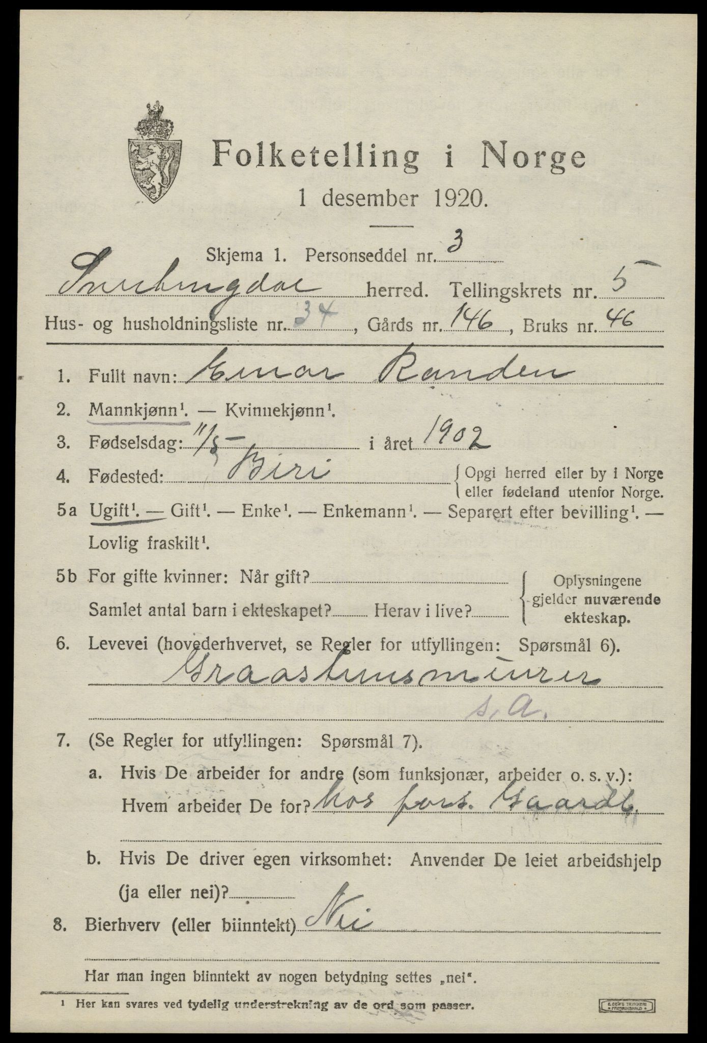 SAH, 1920 census for Snertingdal, 1920, p. 4699