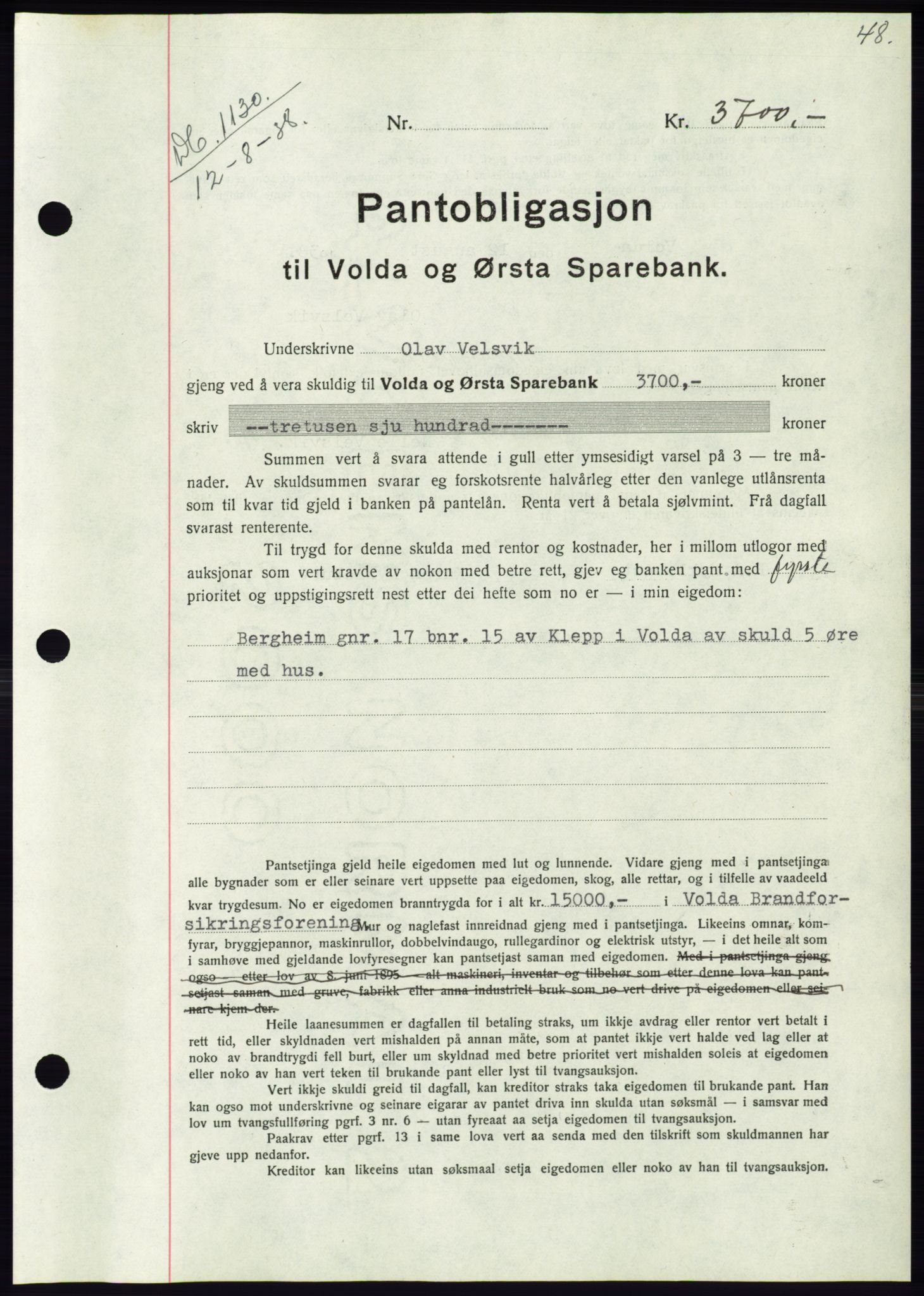 Søre Sunnmøre sorenskriveri, AV/SAT-A-4122/1/2/2C/L0066: Mortgage book no. 60, 1938-1938, Diary no: : 1130/1938