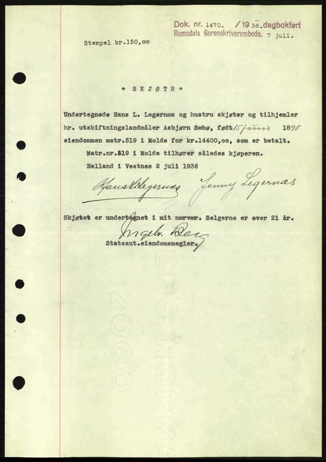 Romsdal sorenskriveri, AV/SAT-A-4149/1/2/2C: Mortgage book no. A1, 1936-1936, Diary no: : 1470/1936