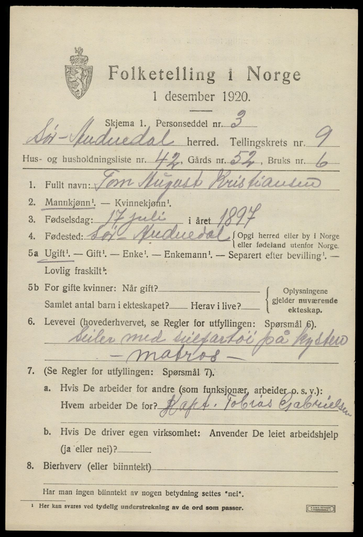 SAK, 1920 census for Sør-Audnedal, 1920, p. 3827