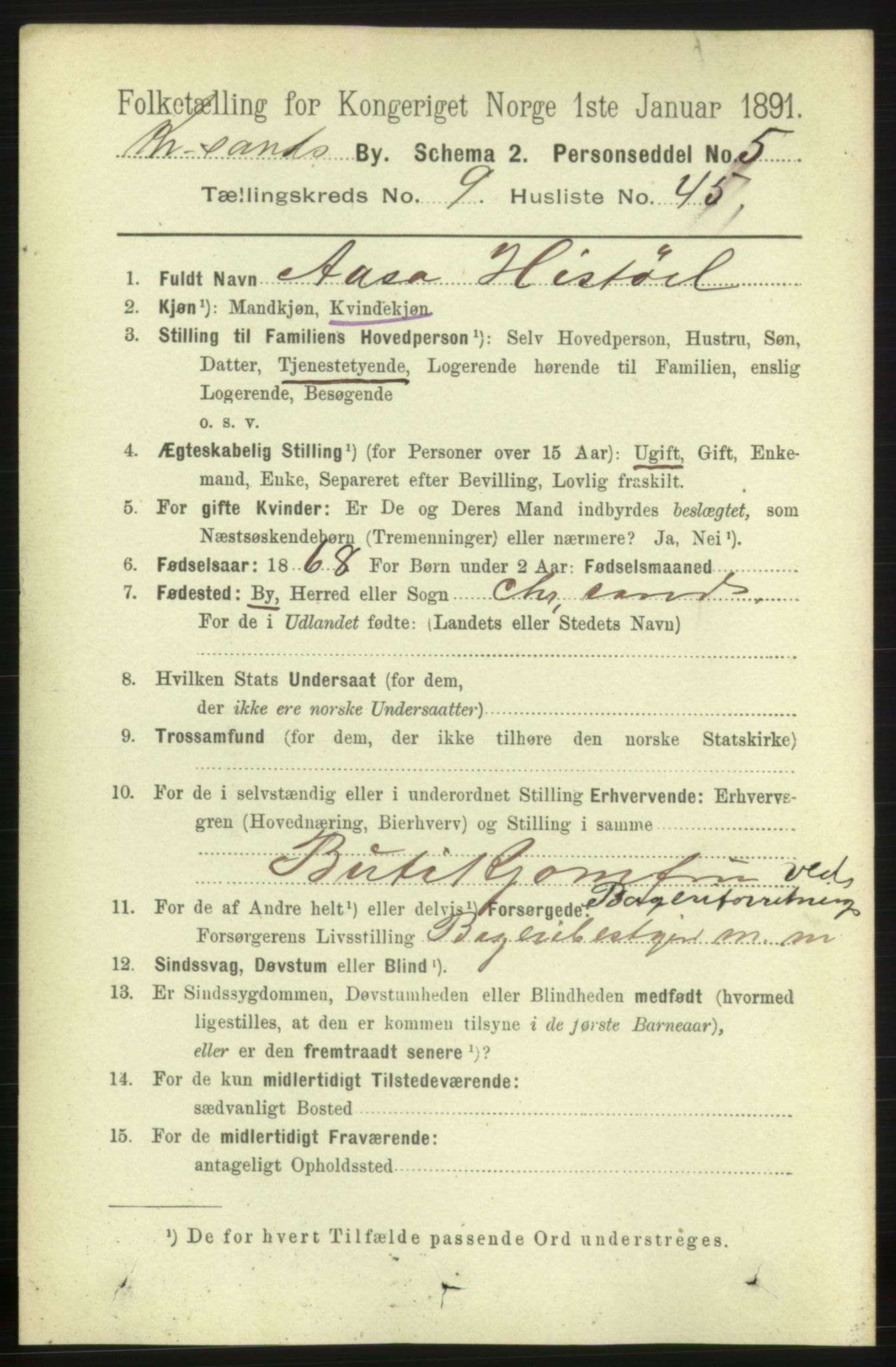 RA, 1891 census for 1001 Kristiansand, 1891, p. 5395