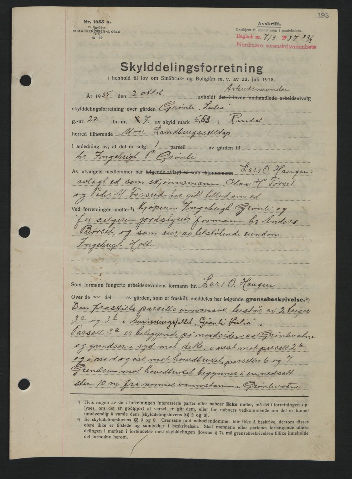 Nordmøre sorenskriveri, AV/SAT-A-4132/1/2/2Ca: Mortgage book no. A81, 1937-1937, Diary no: : 713/1937