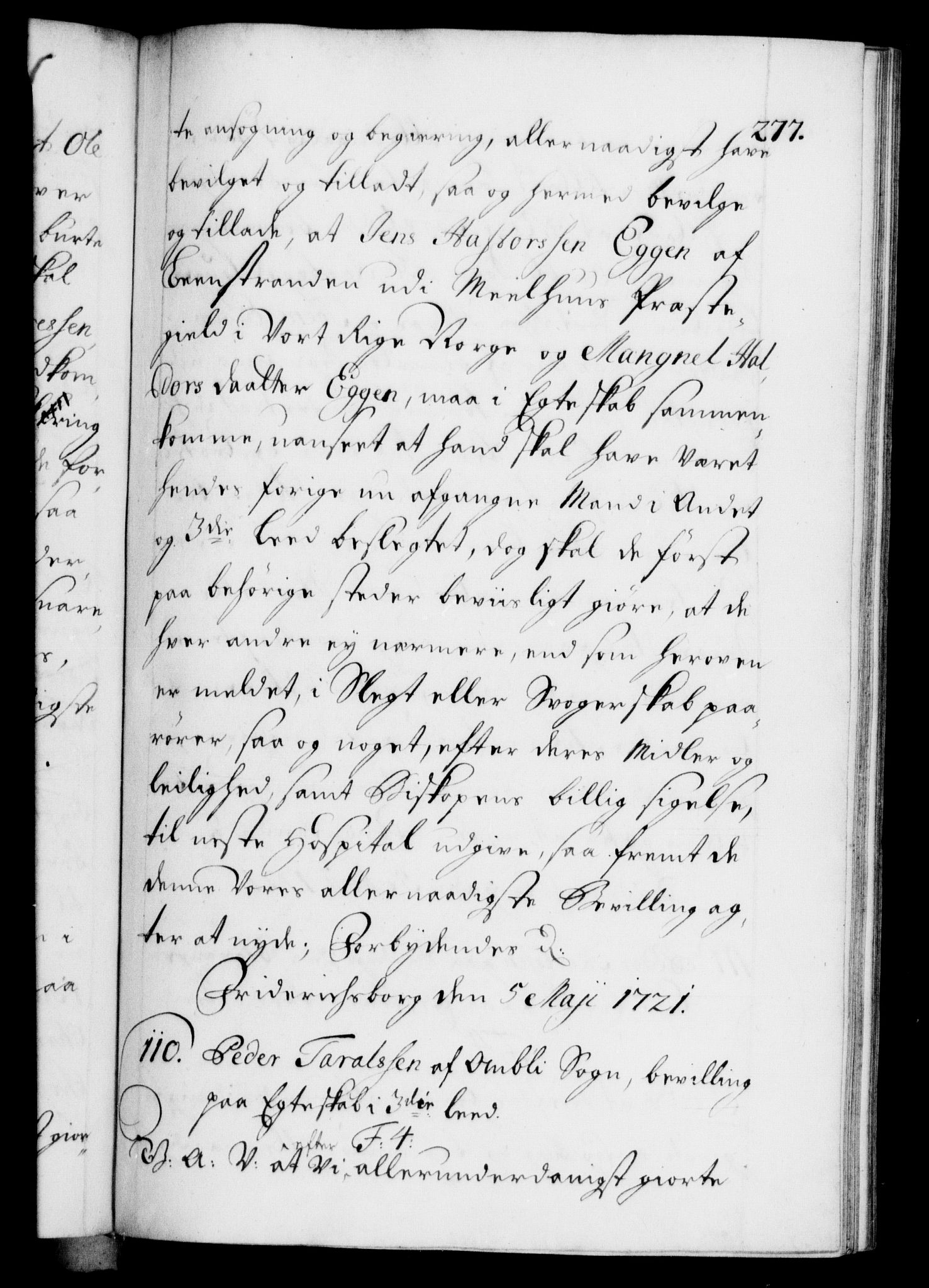 Danske Kanselli 1572-1799, AV/RA-EA-3023/F/Fc/Fca/Fcaa/L0023: Norske registre, 1720-1722, p. 277a