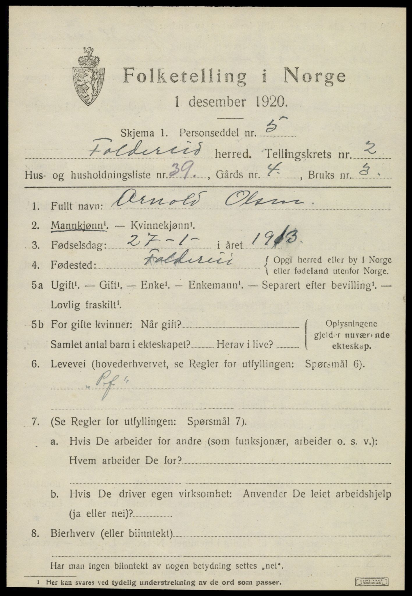 SAT, 1920 census for Foldereid, 1920, p. 1168