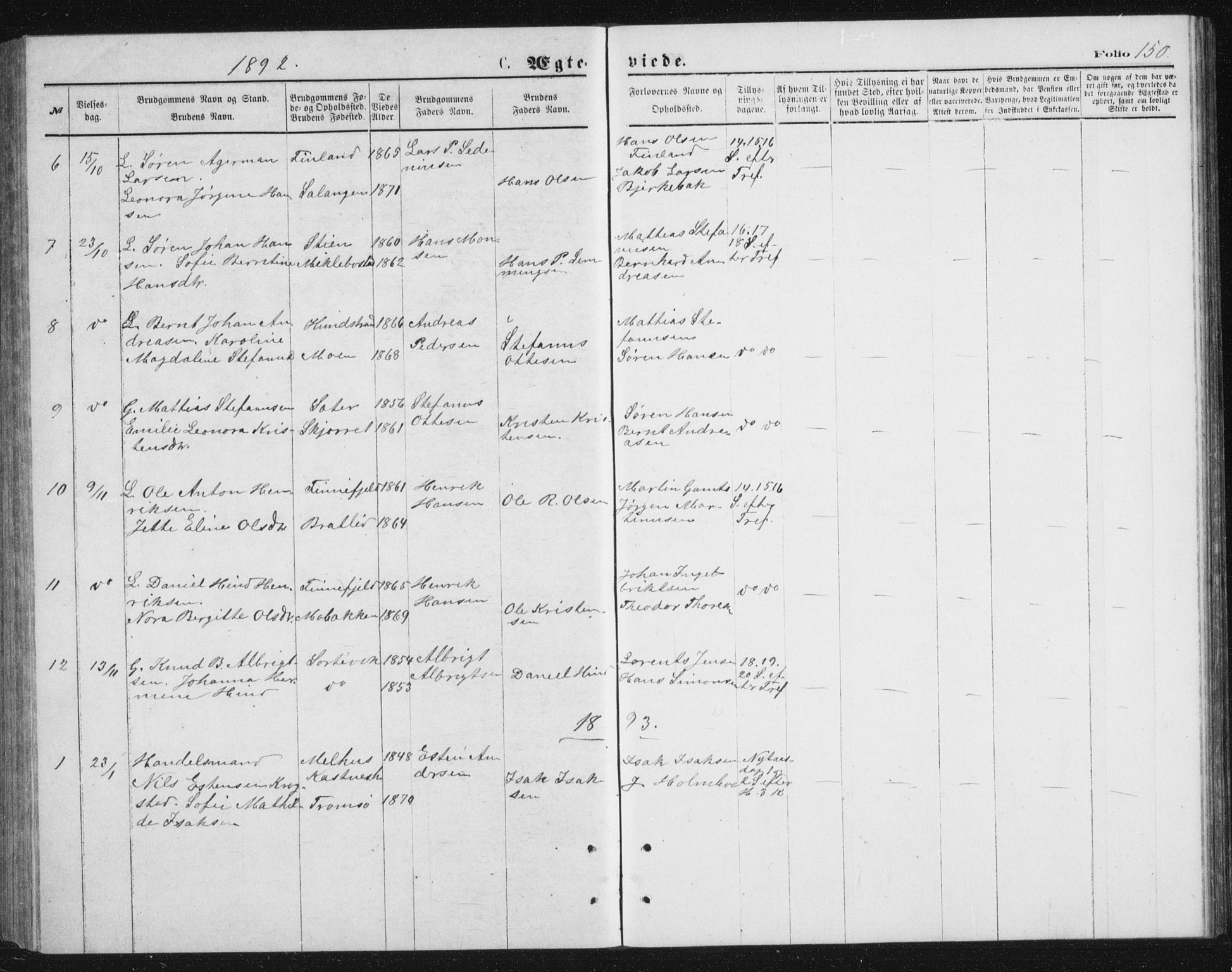 Tranøy sokneprestkontor, SATØ/S-1313/I/Ia/Iab/L0013klokker: Parish register (copy) no. 13, 1874-1896, p. 150
